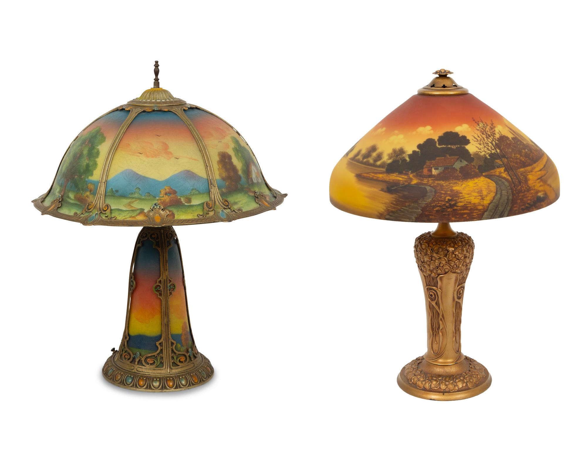 Two Gilt Metal Table Lamps with Reverse Painted Glass Shades
