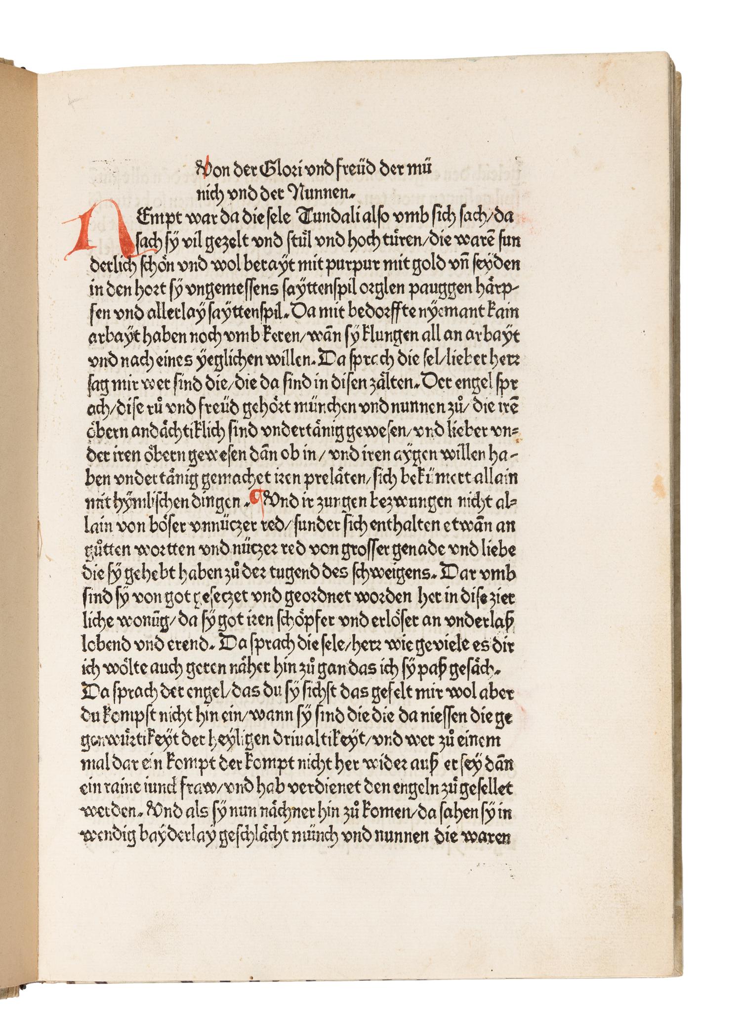 GREGORIUS I (Saint, c.540-604). Dialogorum libri quattuor , in German: Das buch der zwayer red mit ainander . Edited by Johannes von Speyer, with 5 other texts in German: TUNDALUS. De eius visio, sive de raptu animae: Die Gesicht Tundali . - BEDA. V isio Fursei: Das Wunderzeichen des Bishof Forsee . - Speculum mundi: Spiegel der Welt . - Ars moriendi: Kunst des Sterbens . - Cordiale quattuor novissimorum: Die vier letzte Dinge . [Augsburg: Johann Bamler at the Monastery of SS. Ulrich and Afra], 1473.