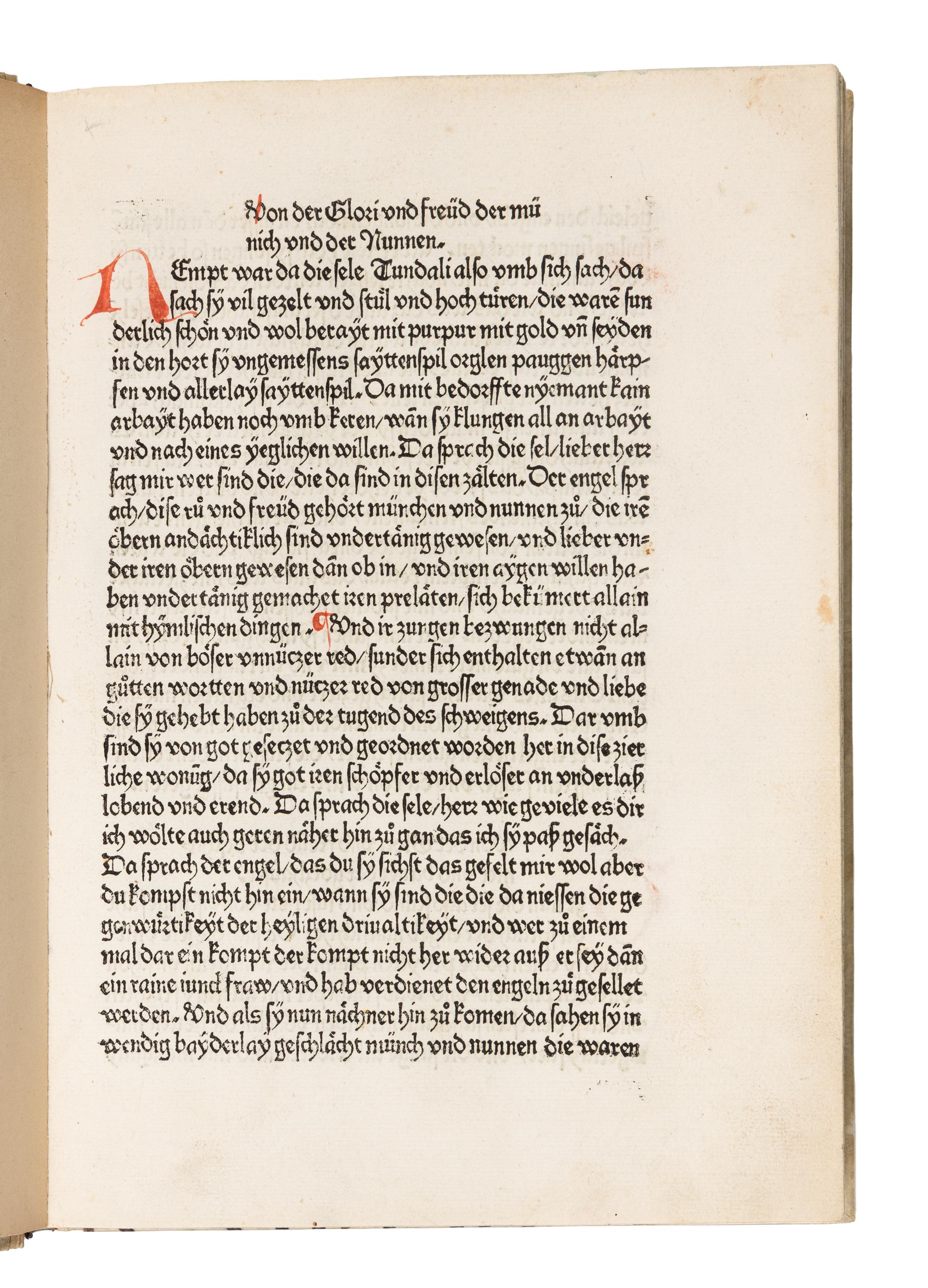 GREGORIUS I (Saint, c.540-604). Dialogorum libri quattuor , in German: Das buch der zwayer red mit ainander . Edited by Johannes von Speyer, with 5 other texts in German: TUNDALUS. De eius visio, sive de raptu animae: Die Gesicht Tundali . - BEDA. V isio Fursei: Das Wunderzeichen des Bishof Forsee . - Speculum mundi: Spiegel der Welt . - Ars moriendi: Kunst des Sterbens . - Cordiale quattuor novissimorum: Die vier letzte Dinge . [Augsburg: Johann Bamler at the Monastery of SS. Ulrich and Afra], 1473.