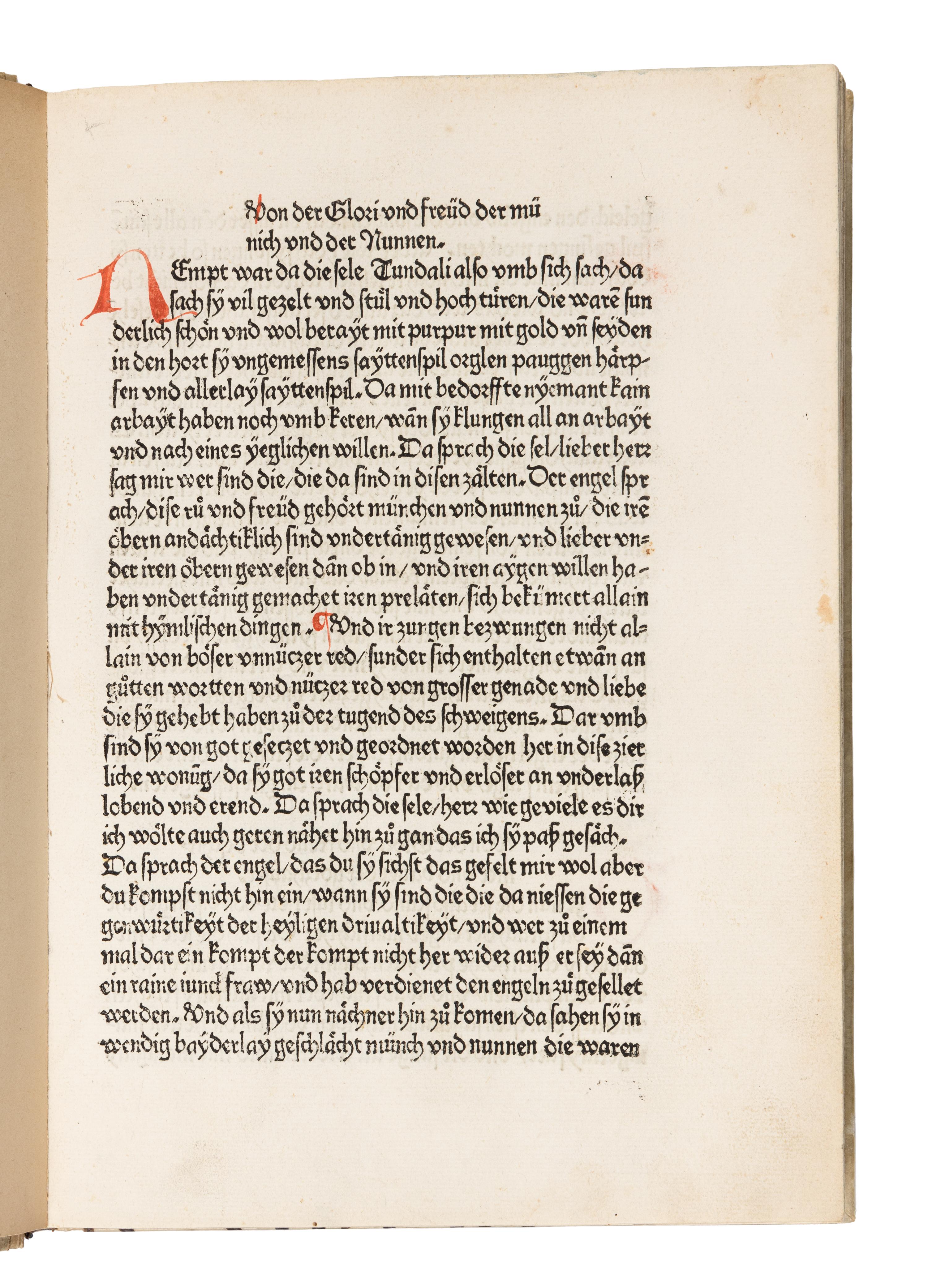 GREGORIUS I (Saint, c.540-604). Dialogorum libri quattuor , in German: Das buch der zwayer red mit ainander . Edited by Johannes von Speyer, with 5 other texts in German: TUNDALUS. De eius visio, sive de raptu animae: Die Gesicht Tundali . - BEDA. V isio Fursei: Das Wunderzeichen des Bishof Forsee . - Speculum mundi: Spiegel der Welt . - Ars moriendi: Kunst des Sterbens . - Cordiale quattuor novissimorum: Die vier letzte Dinge . [Augsburg: Johann Bamler at the Monastery of SS. Ulrich and Afra], 1473.