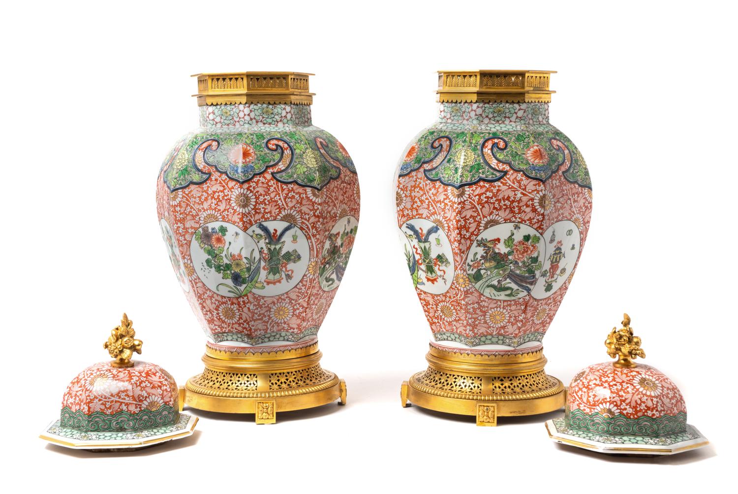 A Pair of French Gilt Bronze Mounted Chinese Porcelain Covered Vases