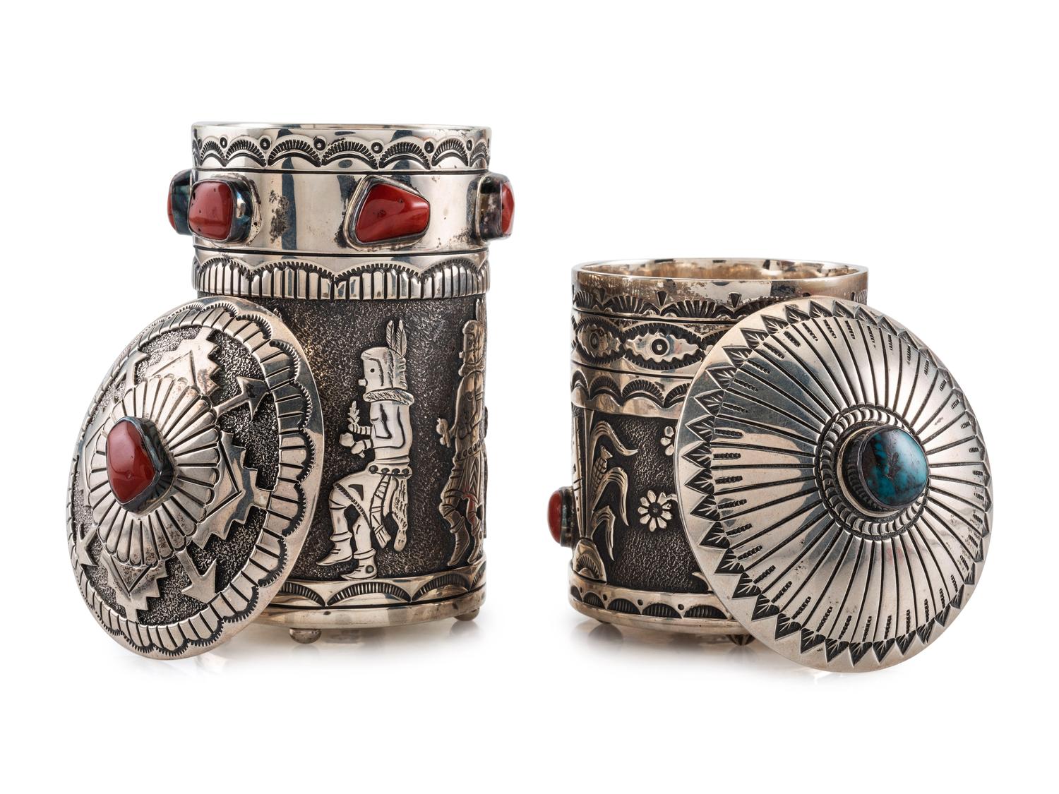 Stamped Sterling Silver Lidded Cases, with Turquoise and Coral Inlay