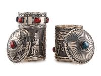 Stamped Sterling Silver Lidded Cases, with Turquoise and Coral Inlay