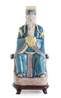 A Turquoise, Yellow and Aubergine Biscuit Glazed Figure of a Daoist Immortal Height 10 1/2 inches. — 18TH/19TH CENTURY