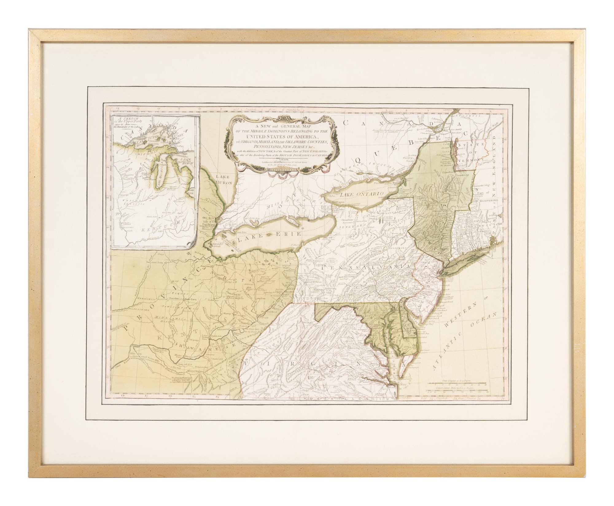 LAURIE, Robert (1755-1836) and James WHITTLE (d.1818). A New and General Map of the Middle Dominions Belonging to the United States of America, viz. Virginia, Maryland, the Delaware-Counties, Pennsylvania, New Jersey. With the Addition of New York, & of the Greatest Part of New England ... London: Laurie and Whittle, 1794.