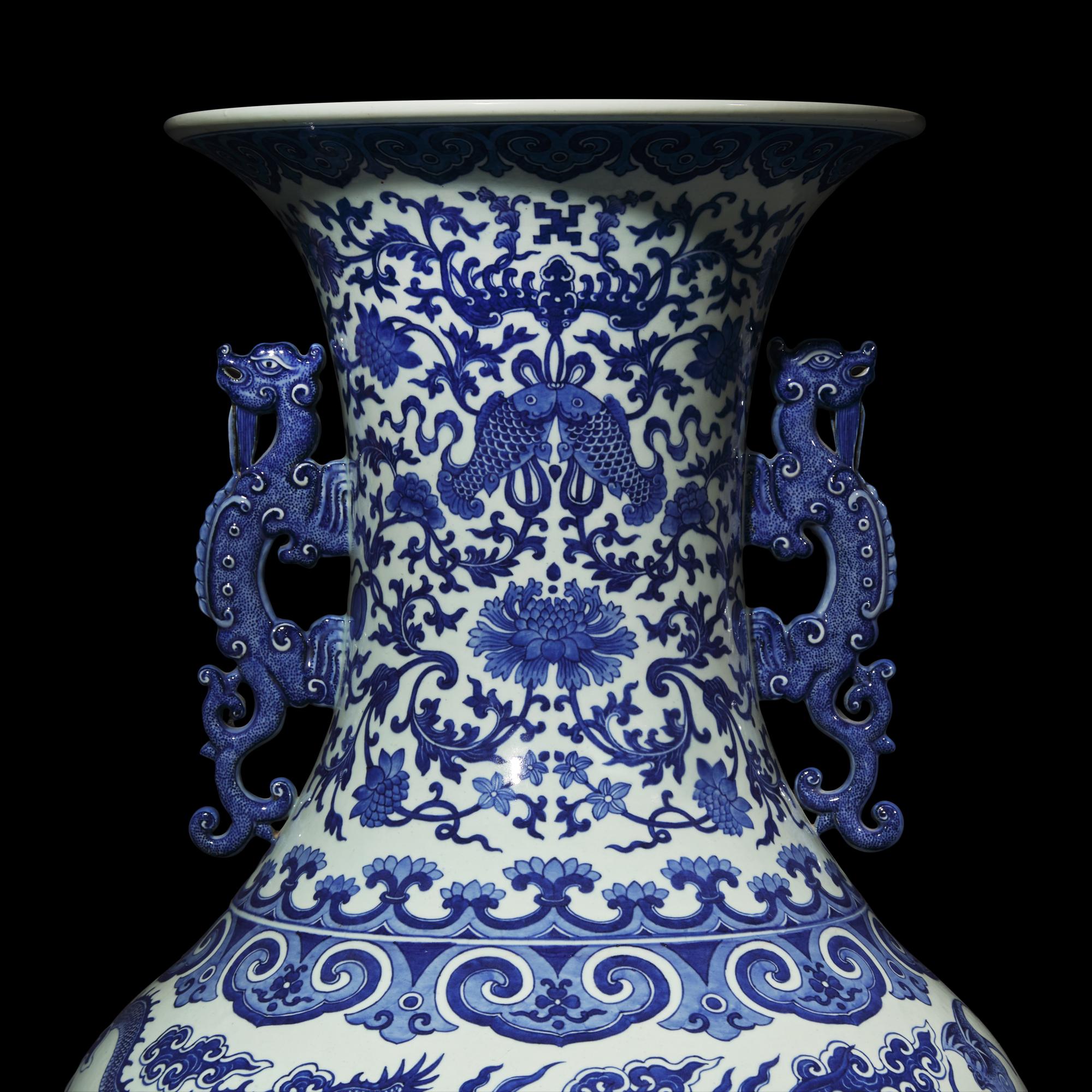 A Magnificent, Monumental, and Extremely Rare Chinese Blue and White 'Nine Dragons' Vase, Qing Dynasty, Jiaqing/Daoguang Period — 清嘉慶/道光 巨型青花九龍大瓶（附山中商會1943年圖錄）