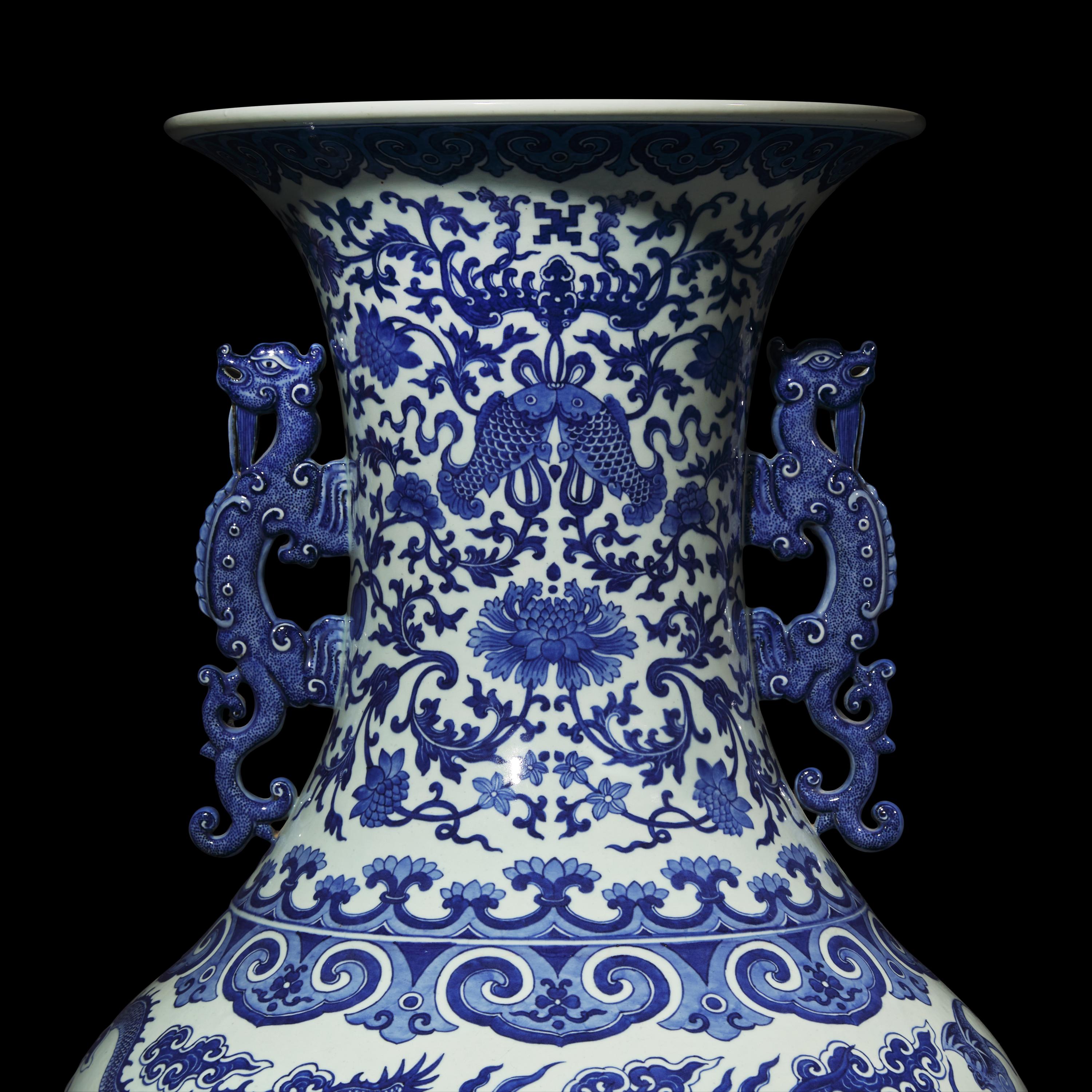 A Magnificent, Monumental, and Extremely Rare Chinese Blue and White 'Nine Dragons' Vase, Qing Dynasty, Jiaqing/Daoguang Period