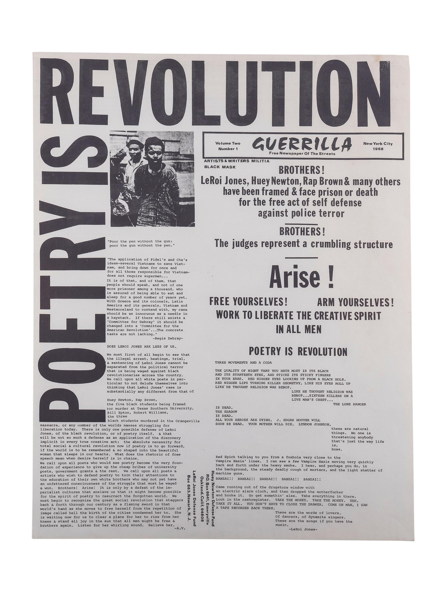 [CIVIL RIGHTS]. Poetry is Revolution. Guerrilla: Free Newspaper of The Streets . Vol. II, No. 1. New York: 1968.