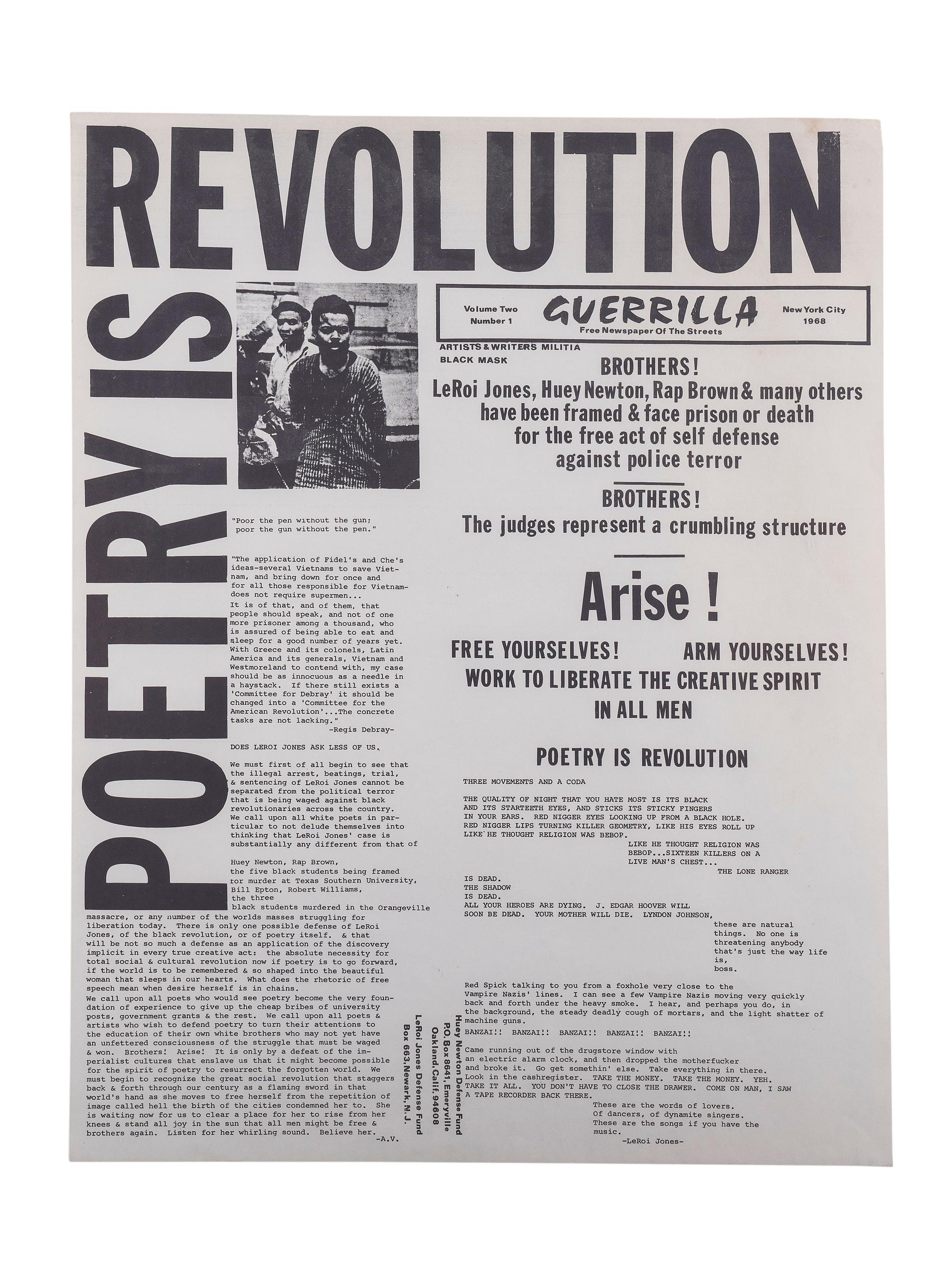 [CIVIL RIGHTS]. Poetry is Revolution. Guerrilla: Free Newspaper of The Streets . Vol. II, No. 1. New York: 1968.