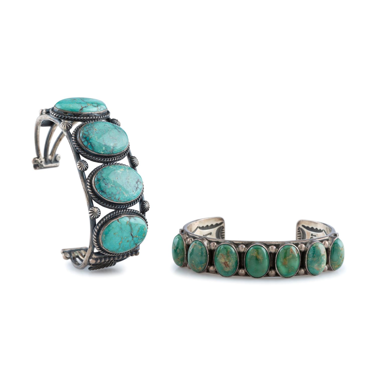 Pair of Sterling Silver and Turquoise Cuff Bracelets
