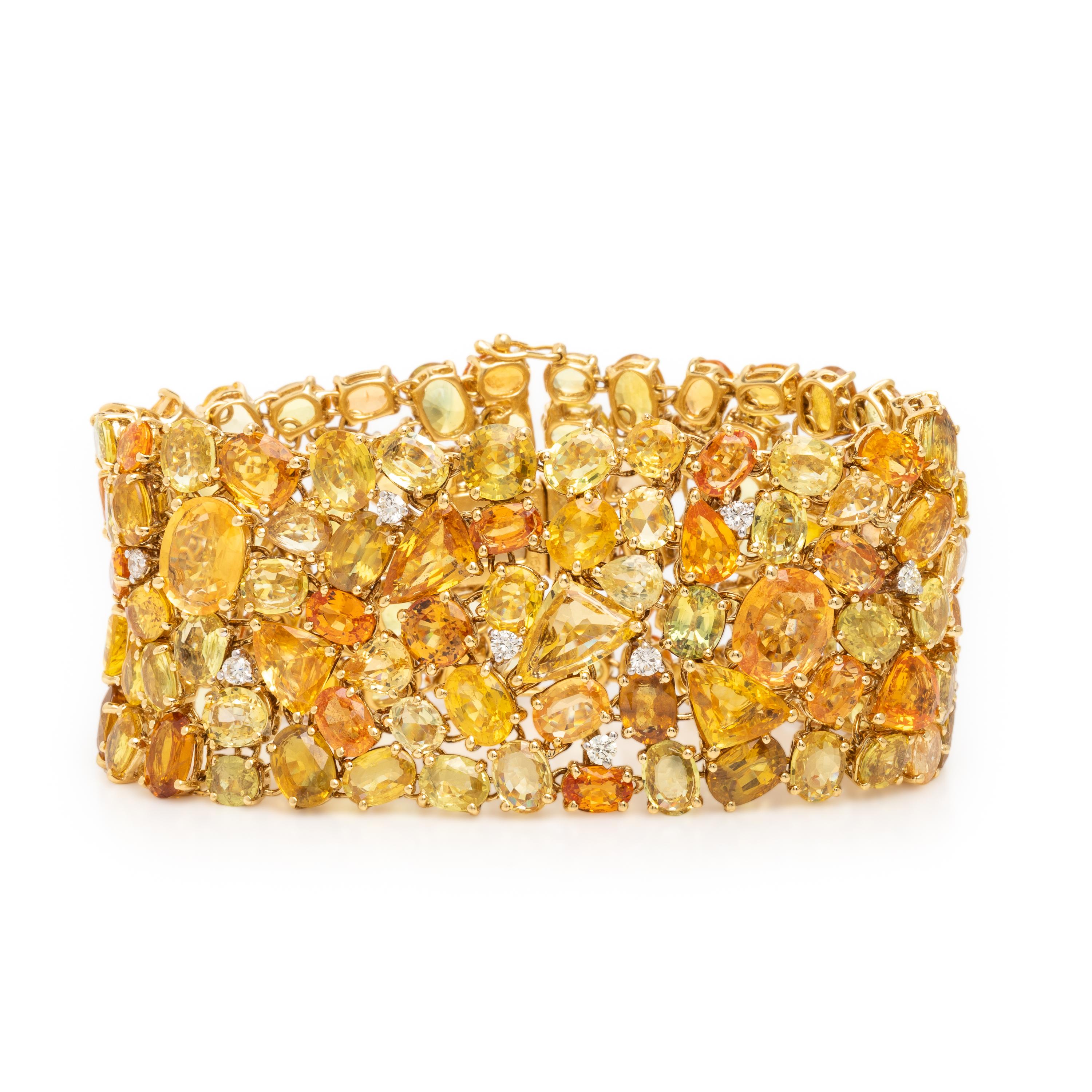 Yellow and Orange Sapphire, Diamond, and Yellow Gold Bracelet