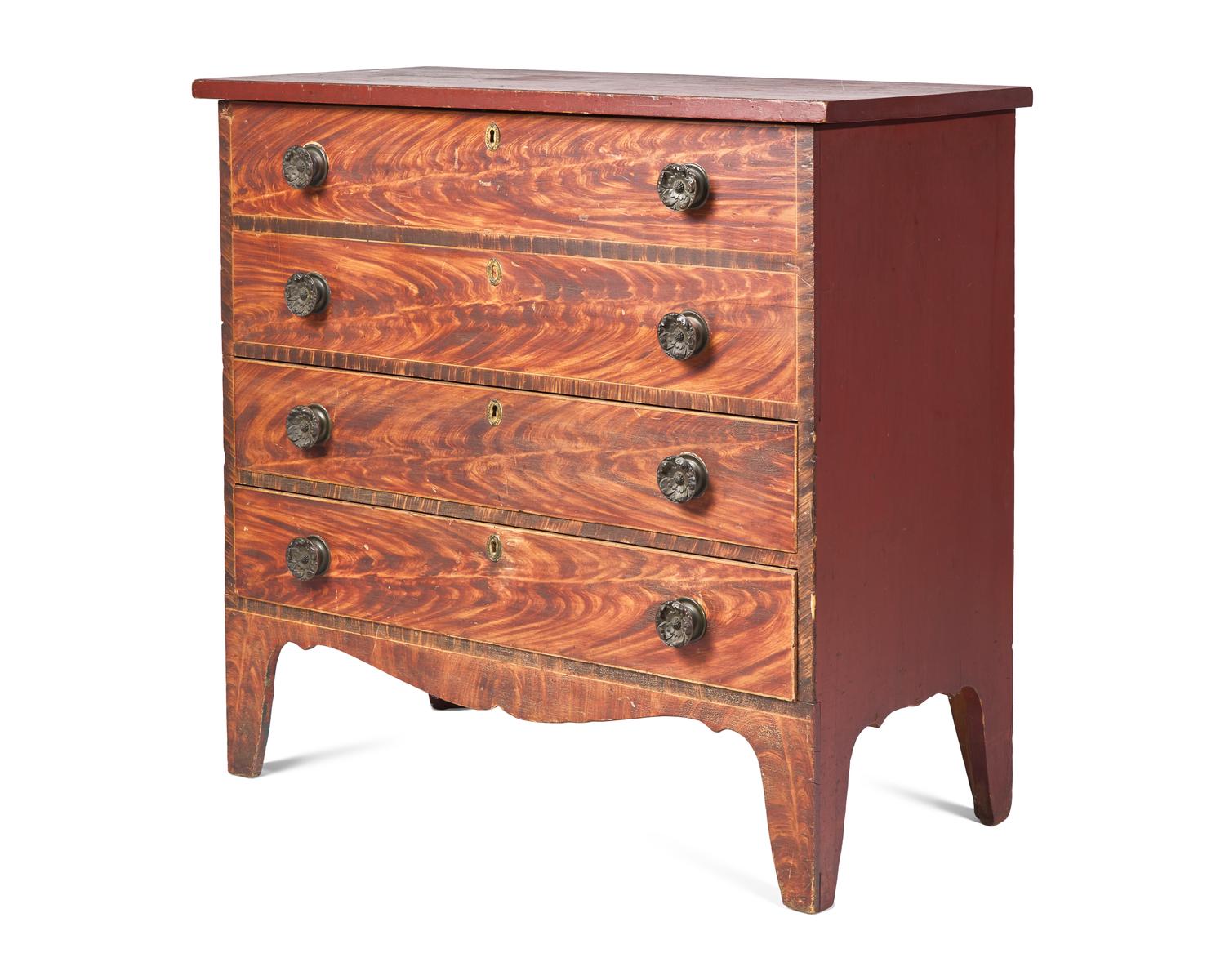 A Late Federal Grained And Red-Painted Pine Two Drawer Mule Chest
