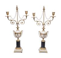 A Pair of Directoire Gilt Bronze, Alabaster and Marble Two-Light Candelabra