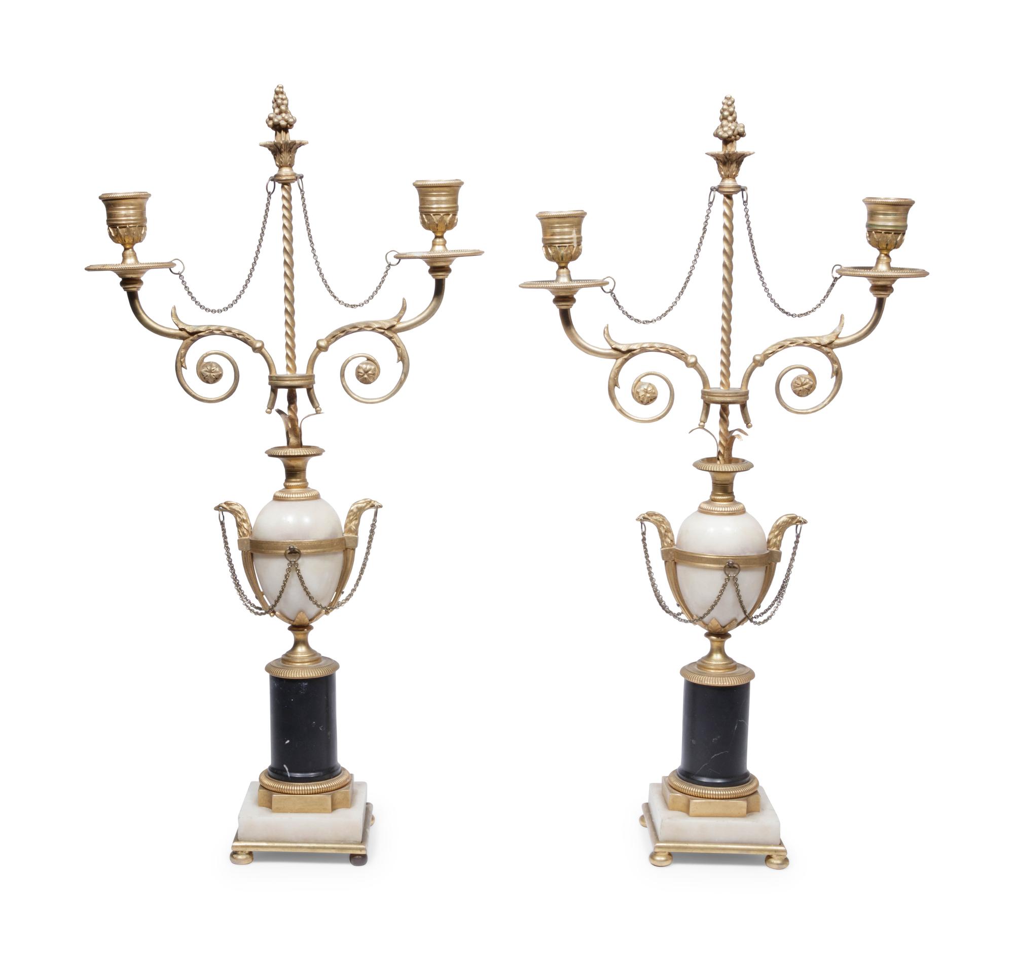 A Pair of Directoire Gilt Bronze, Alabaster and Marble Two-Light Candelabra