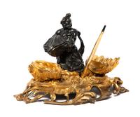 A Louis XV Style Parcel-Gilt and Patinated Bronze Encrier Height 6 3/4 x width 10 inches. — 19TH CENTURY