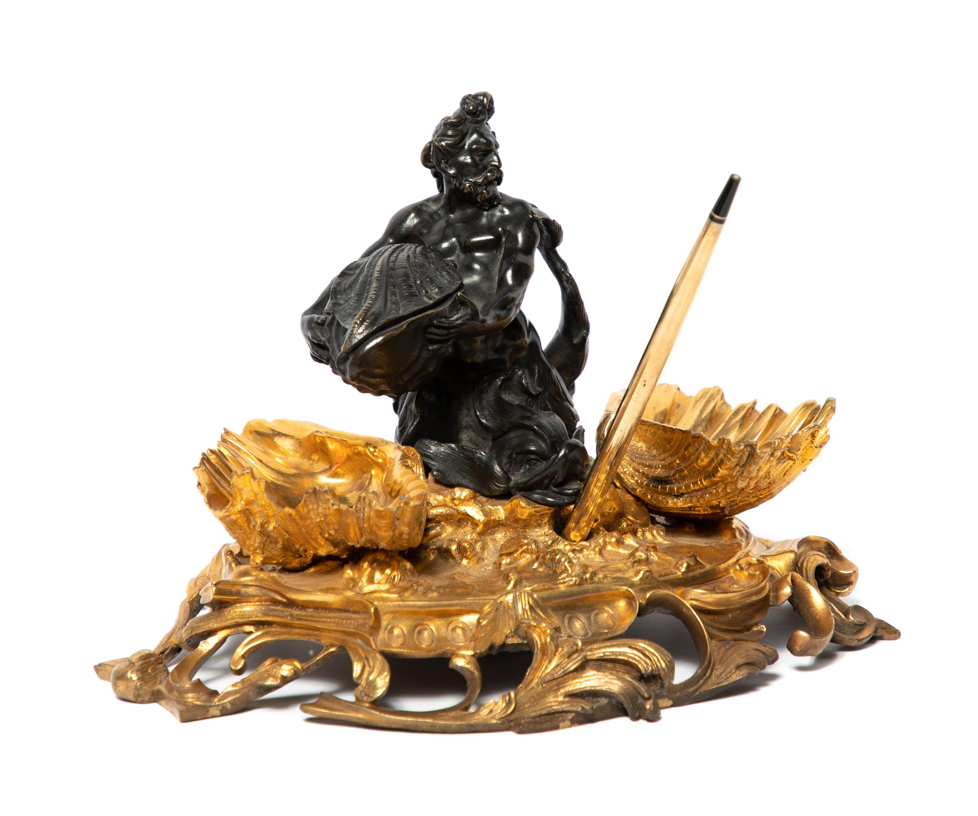 A Louis XV Style Parcel-Gilt and Patinated Bronze Encrier Height 6 3/4 x width 10 inches. — 19TH CENTURY