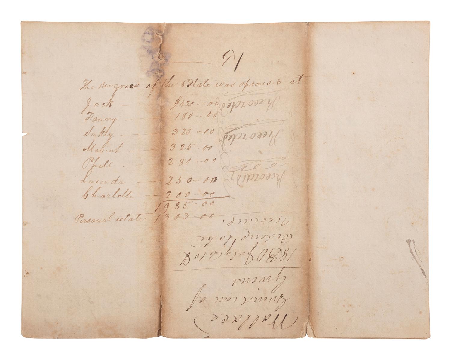 [ENSLAVEMENT & ABOLITION]. A group of 4 estate documents listing individual enslaved persons, most by name. [Lincoln County, KY], 1809-1830.