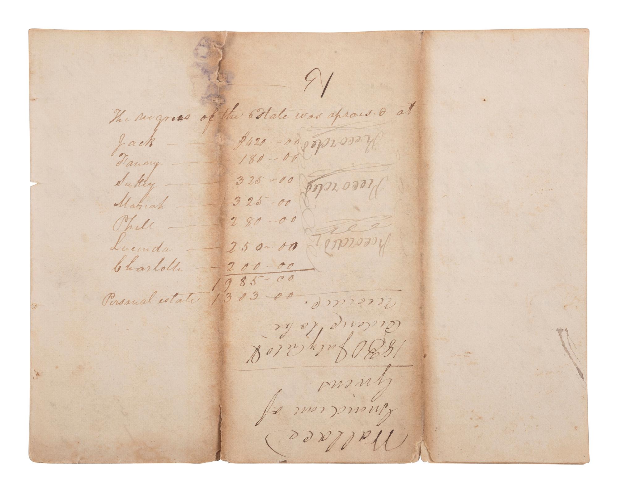 [ENSLAVEMENT & ABOLITION]. A group of 4 estate documents listing individual enslaved persons, most by name. [Lincoln County, KY], 1809-1830.