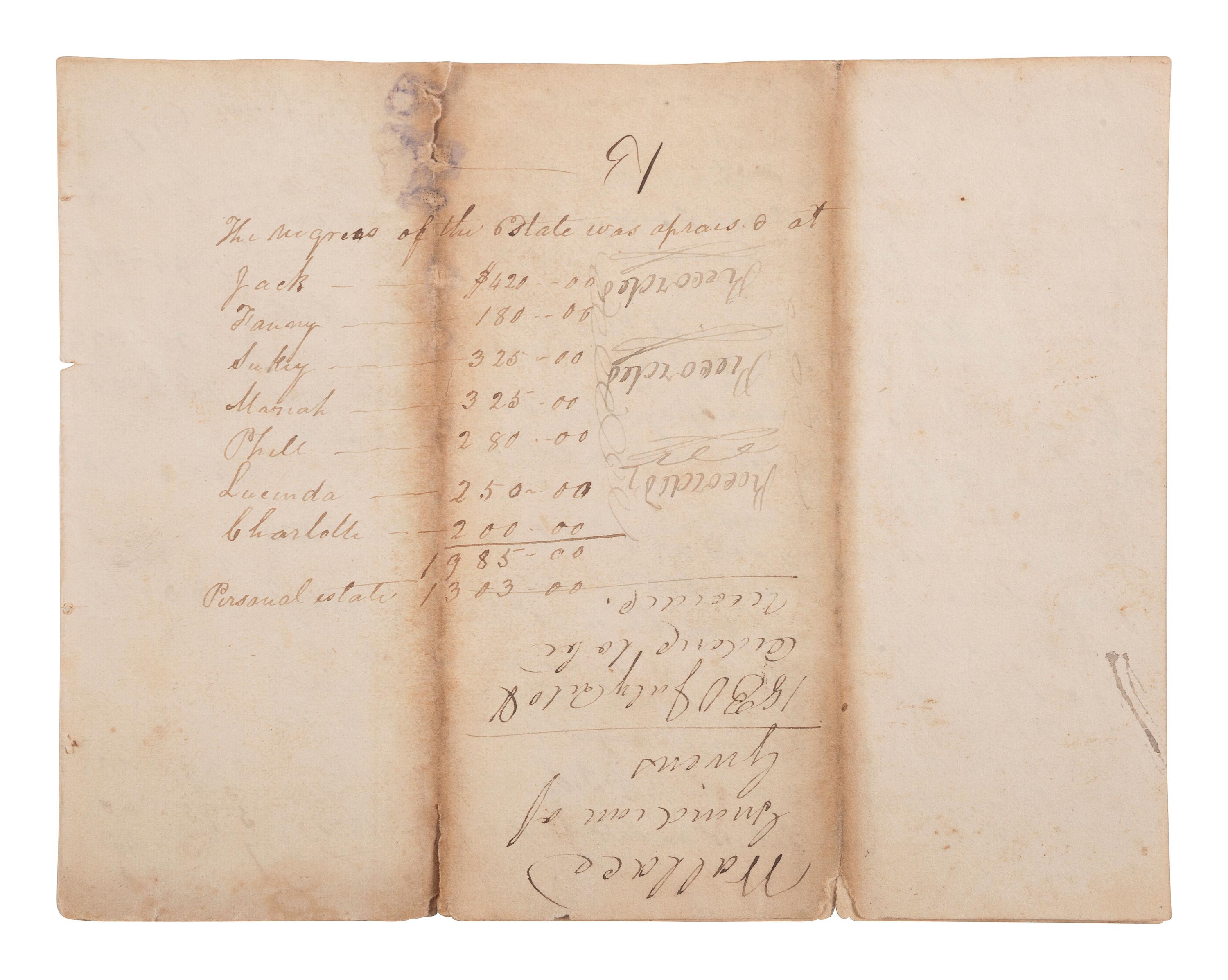 [ENSLAVEMENT & ABOLITION]. A group of 4 estate documents listing individual enslaved persons, most by name. [Lincoln County, KY], 1809-1830.