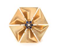 A 14 Karat Yellow Gold, Sapphire and Diamond Brooch,