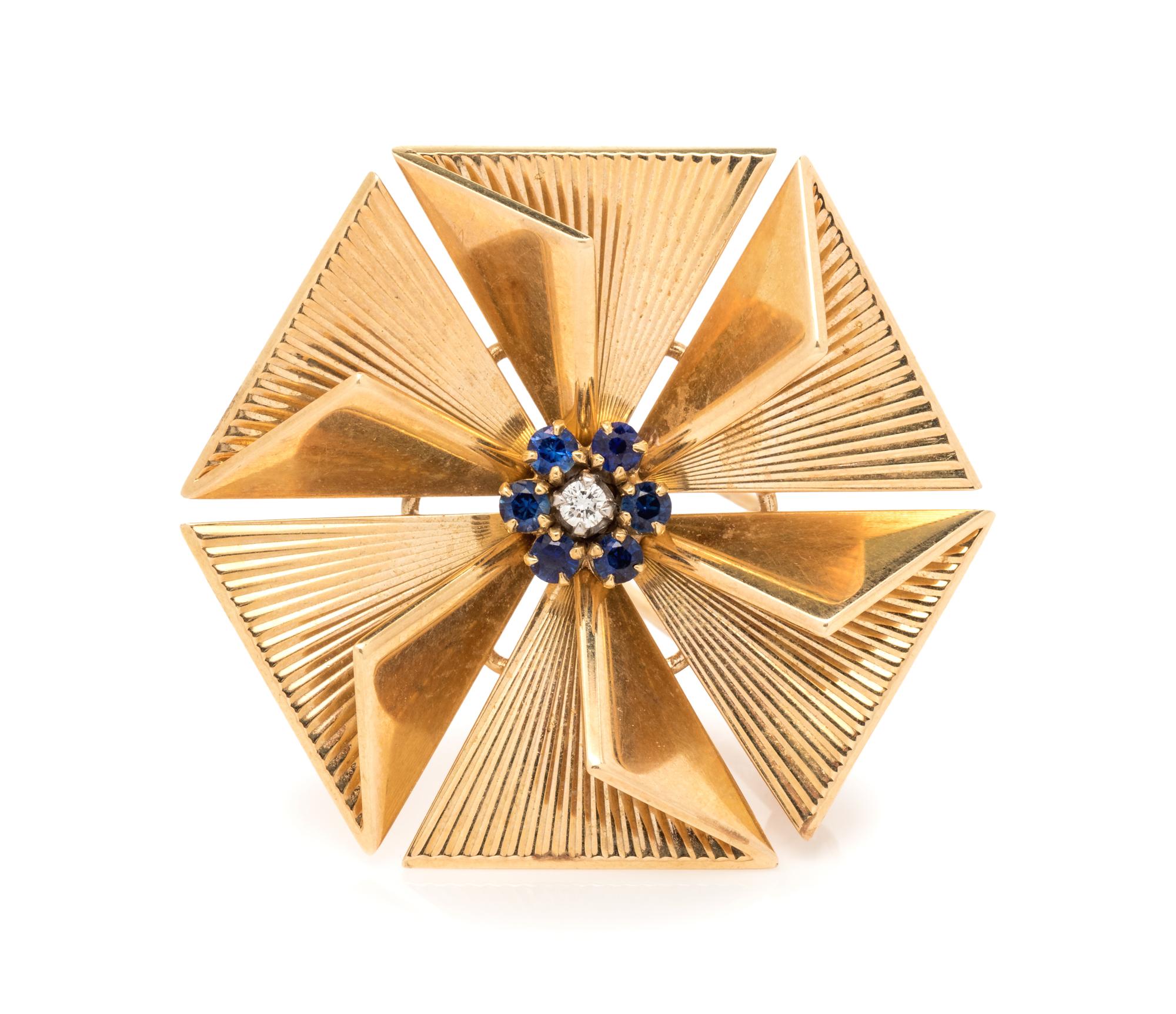 A 14 Karat Yellow Gold, Sapphire and Diamond Brooch,