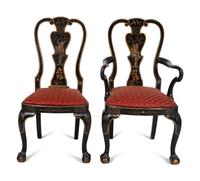 A Set of Eight George II Style Black and Gilt Japanned Dining Chairs