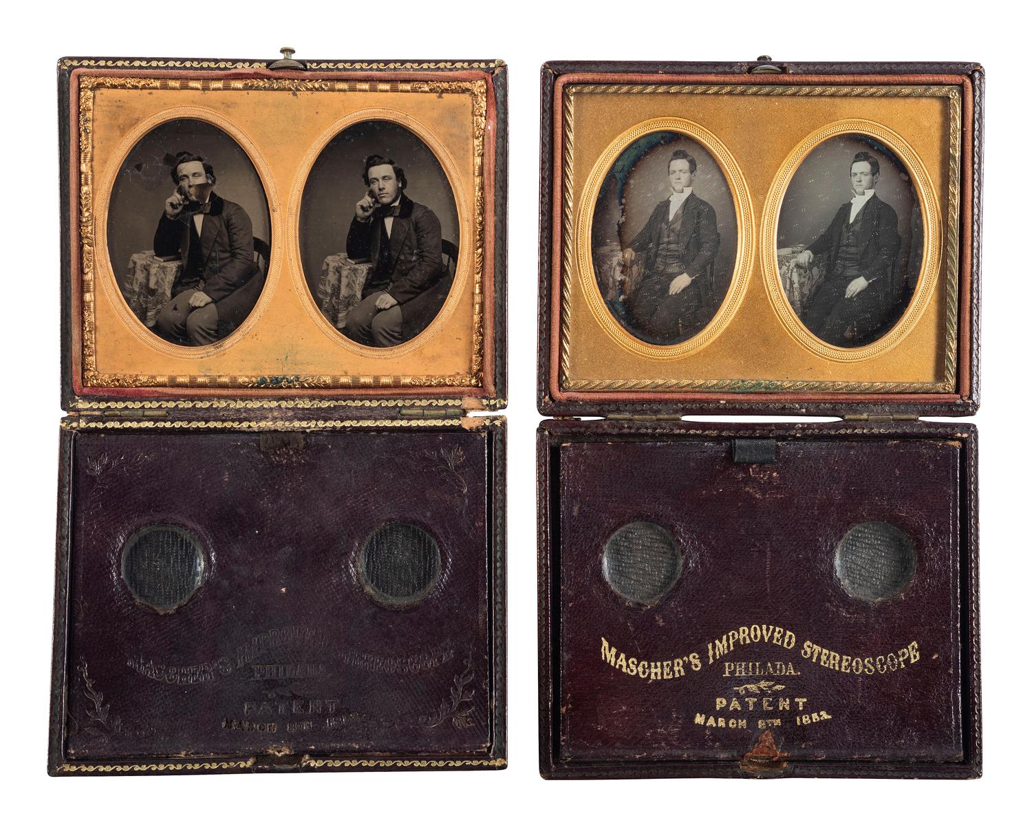 [EARLY PHOTOGRAPHY]. 3 Mascher stereoscope or magnifying cases wtih daguerreotypes and ambrotypes