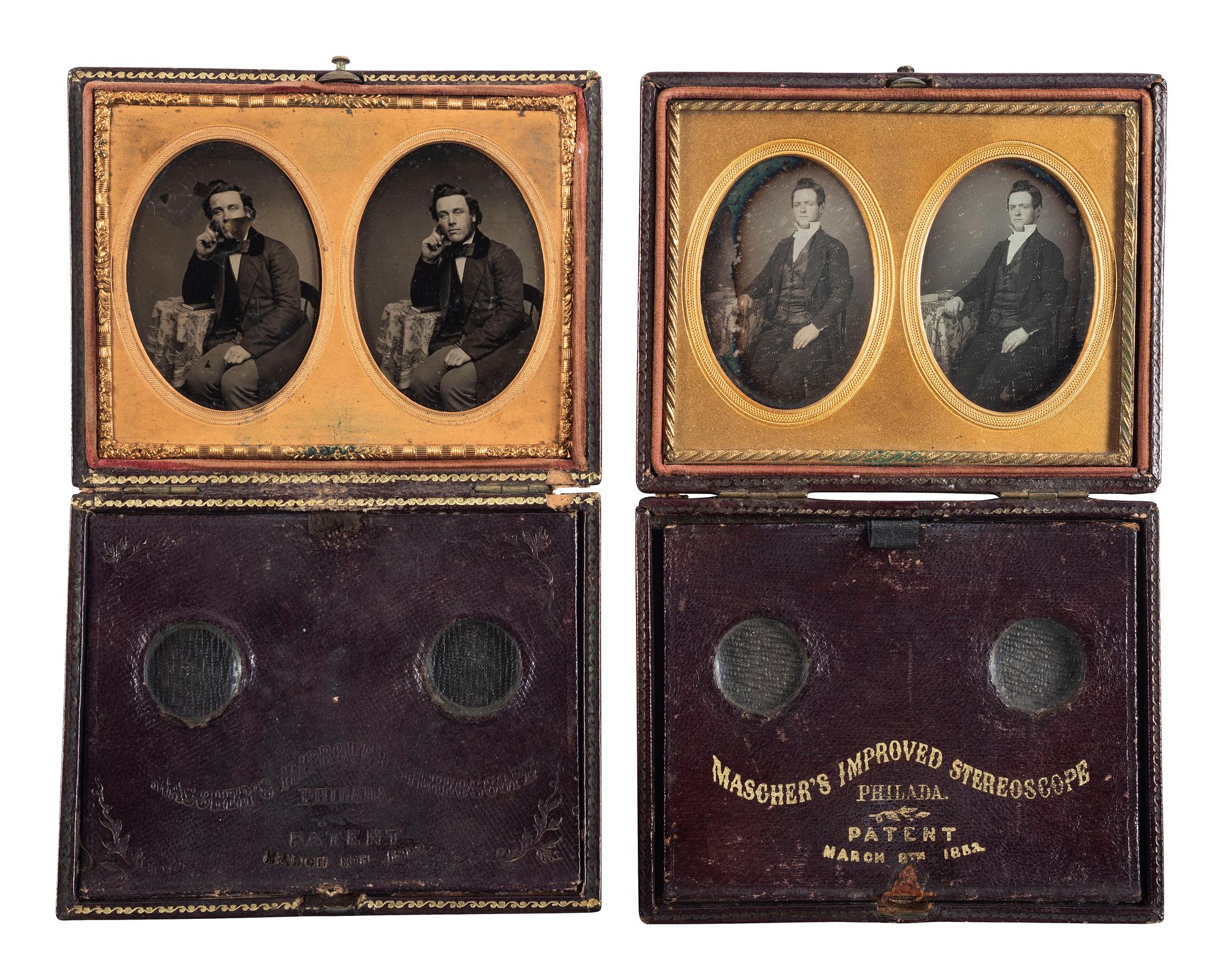 [EARLY PHOTOGRAPHY]. 3 Mascher stereoscope or magnifying cases wtih daguerreotypes and ambrotypes
