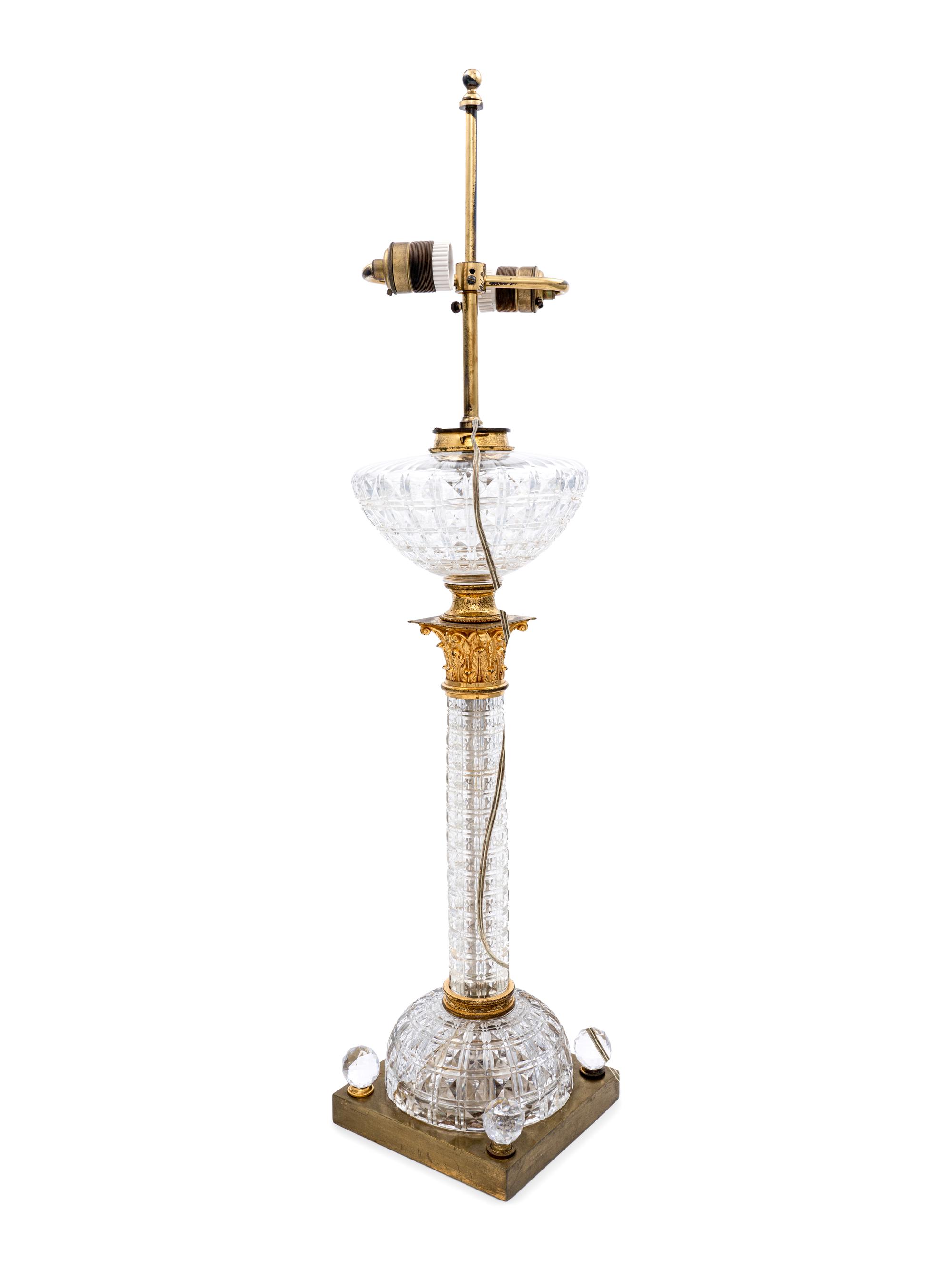 An English Gilt Metal Mounted Cut Glass Fluid Lamp Converted to Electricity