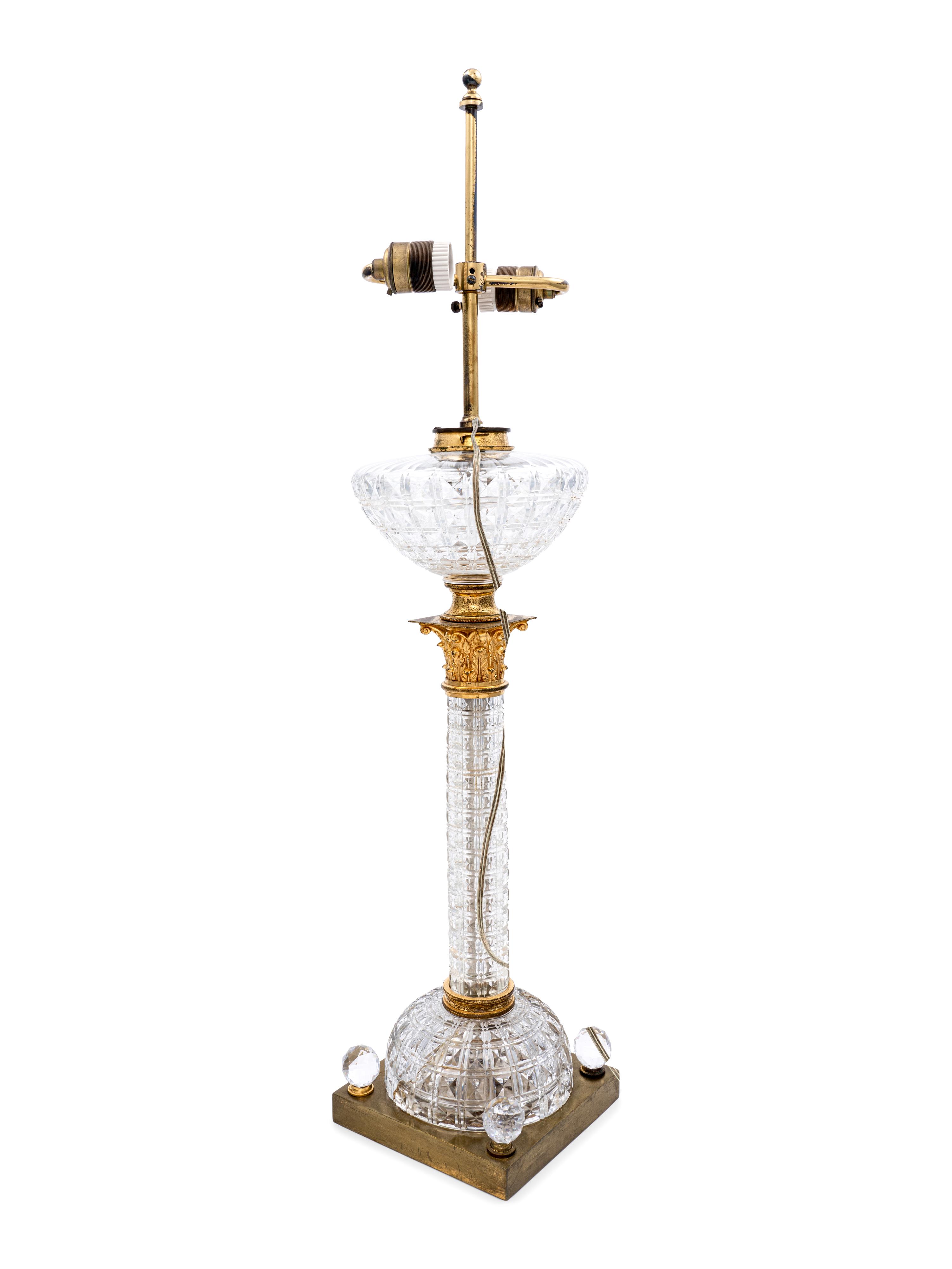 An English Gilt Metal Mounted Cut Glass Fluid Lamp Converted to Electricity