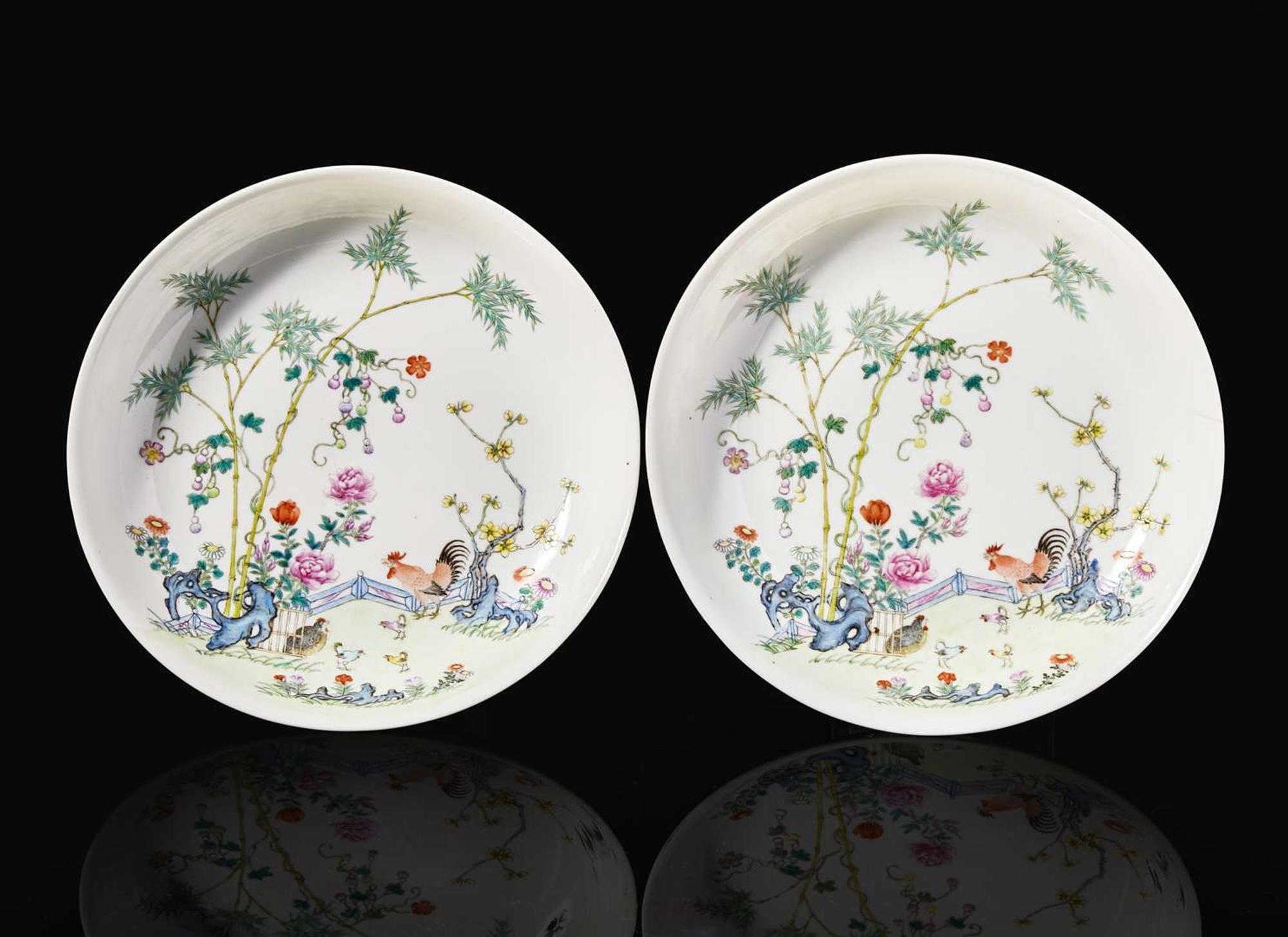 A pair of Chinese famille rose "Cockerel" dishes, Guangxu six-character marks, possibly Republic period 粉彩錦雉盤一對 可能為民國