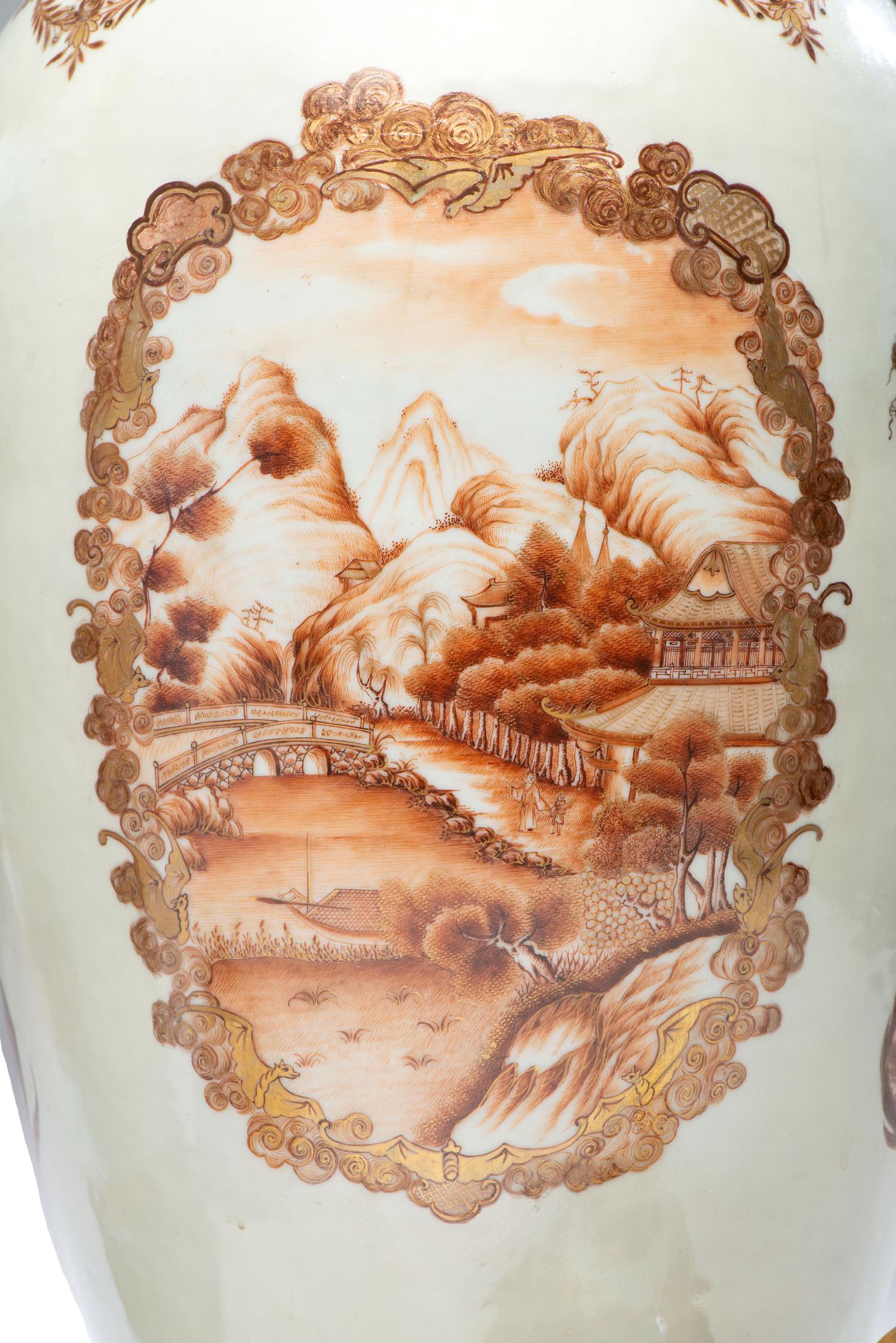 A Pair of Chinese Export Parcel Gilt and Sepia Decorated Porcelain Covered Urns