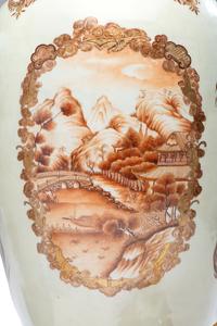 A Pair of Chinese Export Parcel Gilt and Sepia Decorated Porcelain Covered Urns