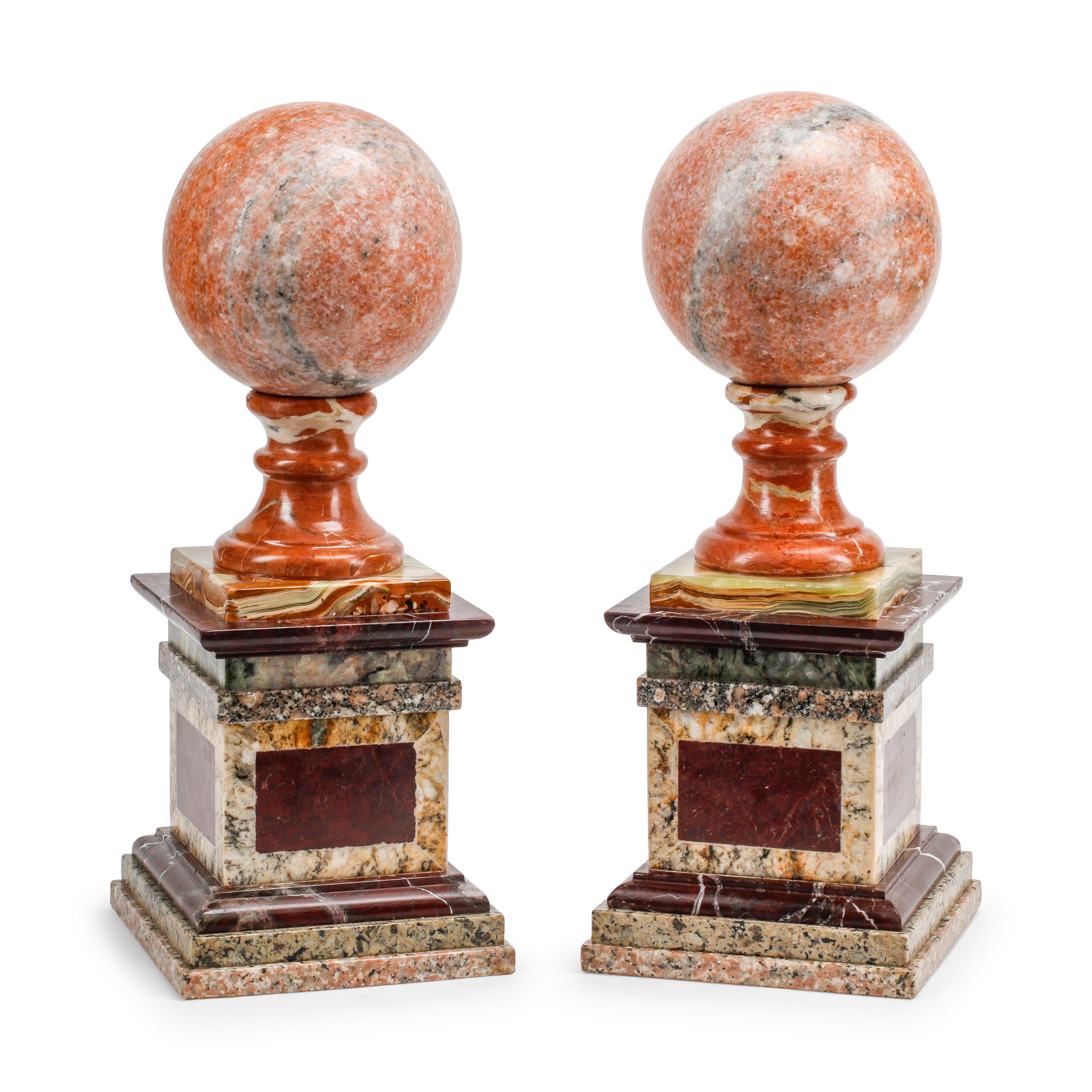 A Pair of Italian Grand Tour Style Vari-Color Marble Spherical Ornaments