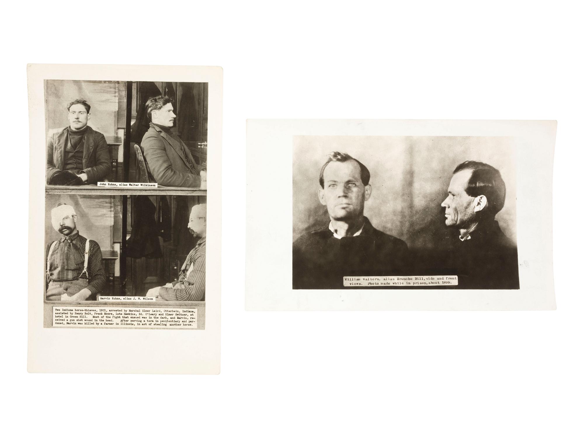 Western Outlaws in Death A group of 11 silver gelatin photographs of deceased outlaws Elmer McCurdy, Isaac Black, and Charlie Pitts, with credit for the N.H. Rose Collection.