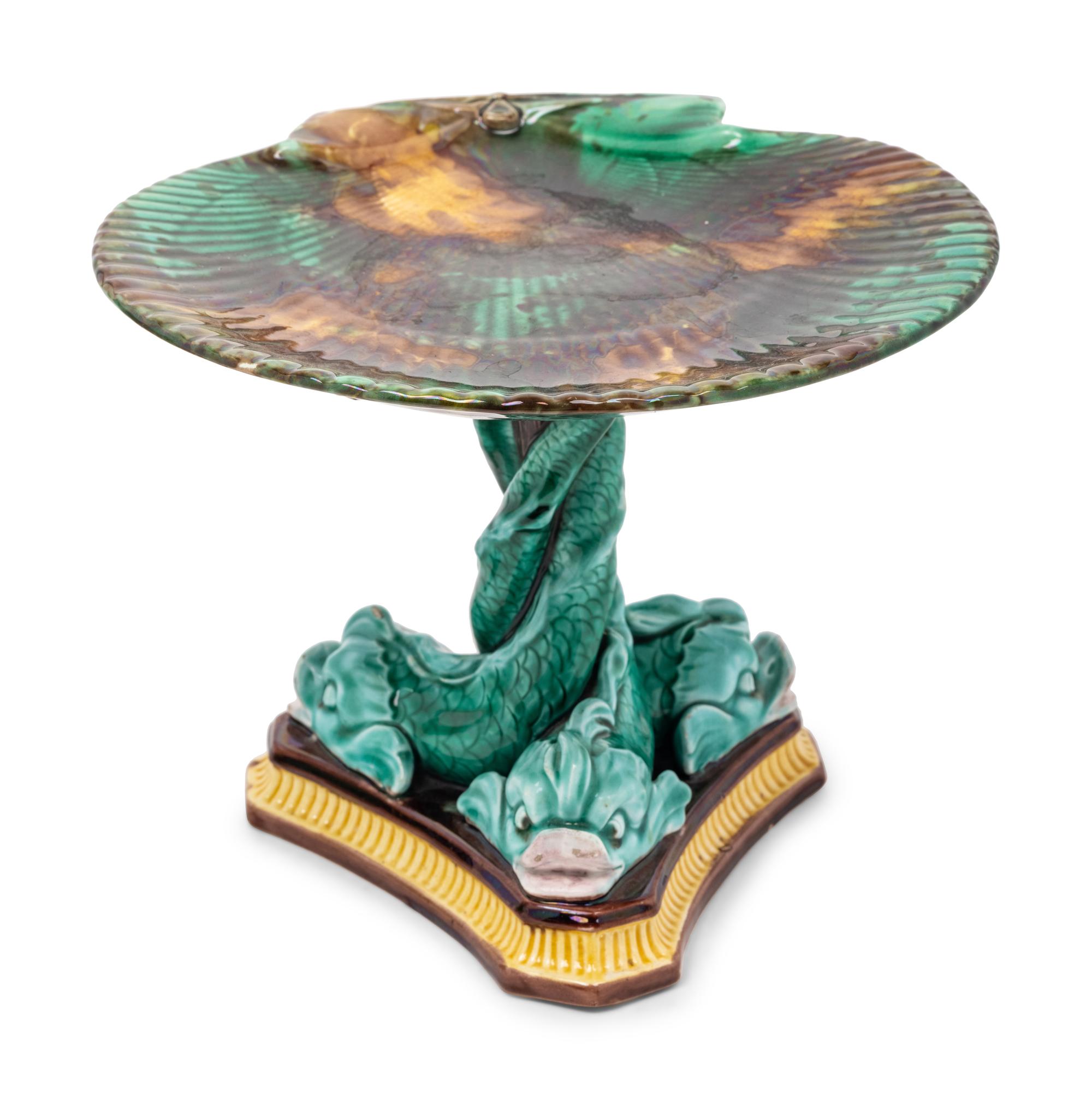An English Majolica "Corn" Pitcher and an English Majolica "Dolphin" Tazza