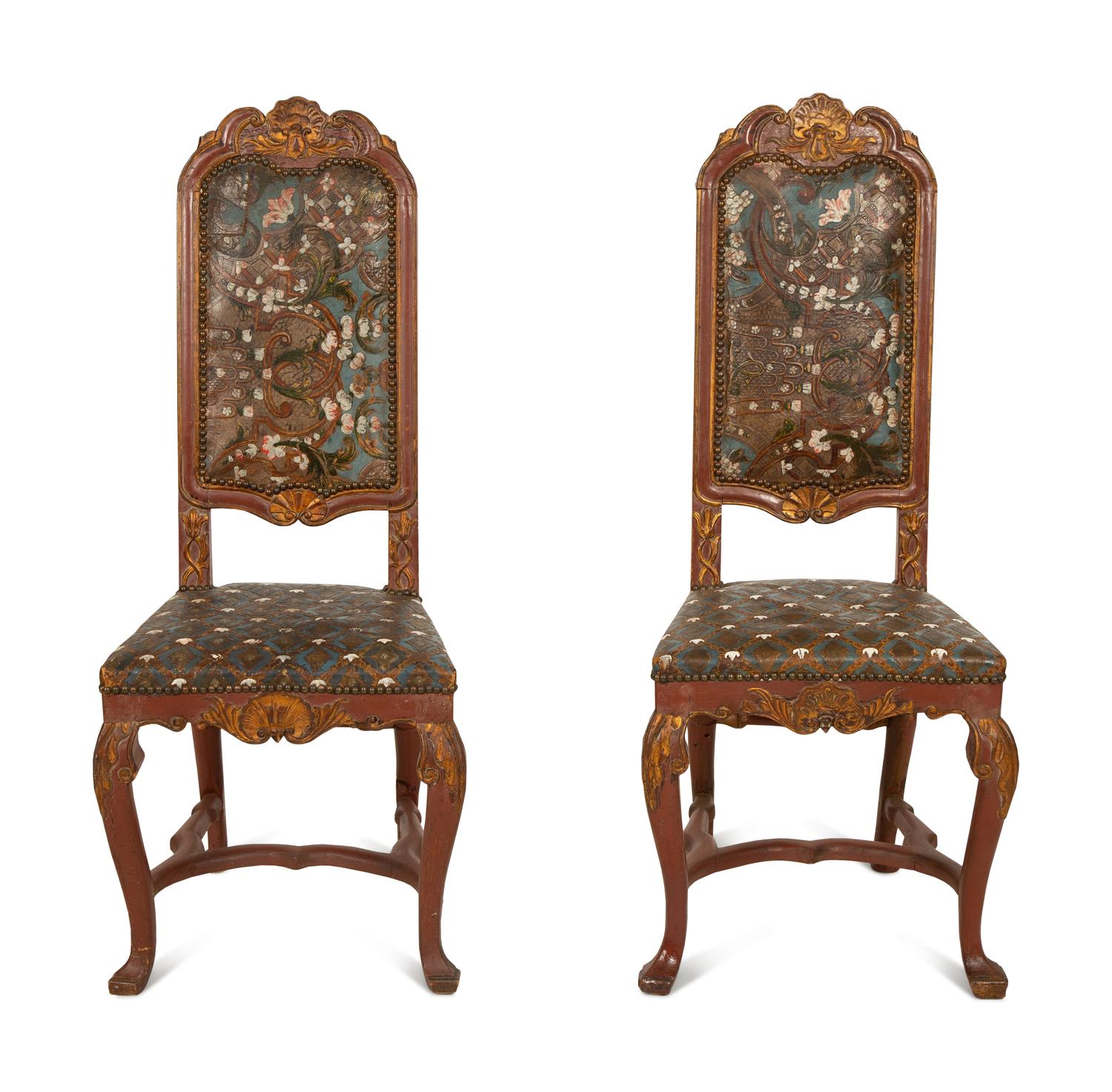 A Pair of Spanish Painted and Parcel Gilt High Back Side Chairs with Painted Leather Upholstery