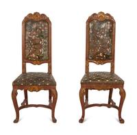 A Pair of Spanish Painted and Parcel Gilt High Back Side Chairs with Painted Leather Upholstery
