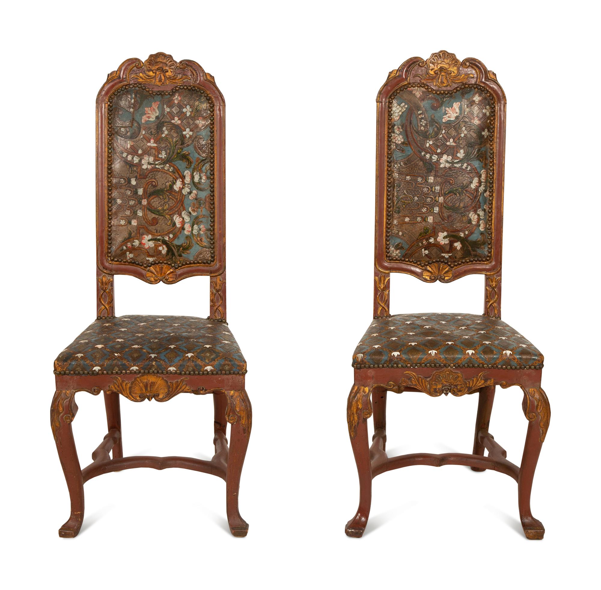 A Pair of Spanish Painted and Parcel Gilt High Back Side Chairs with Painted Leather Upholstery