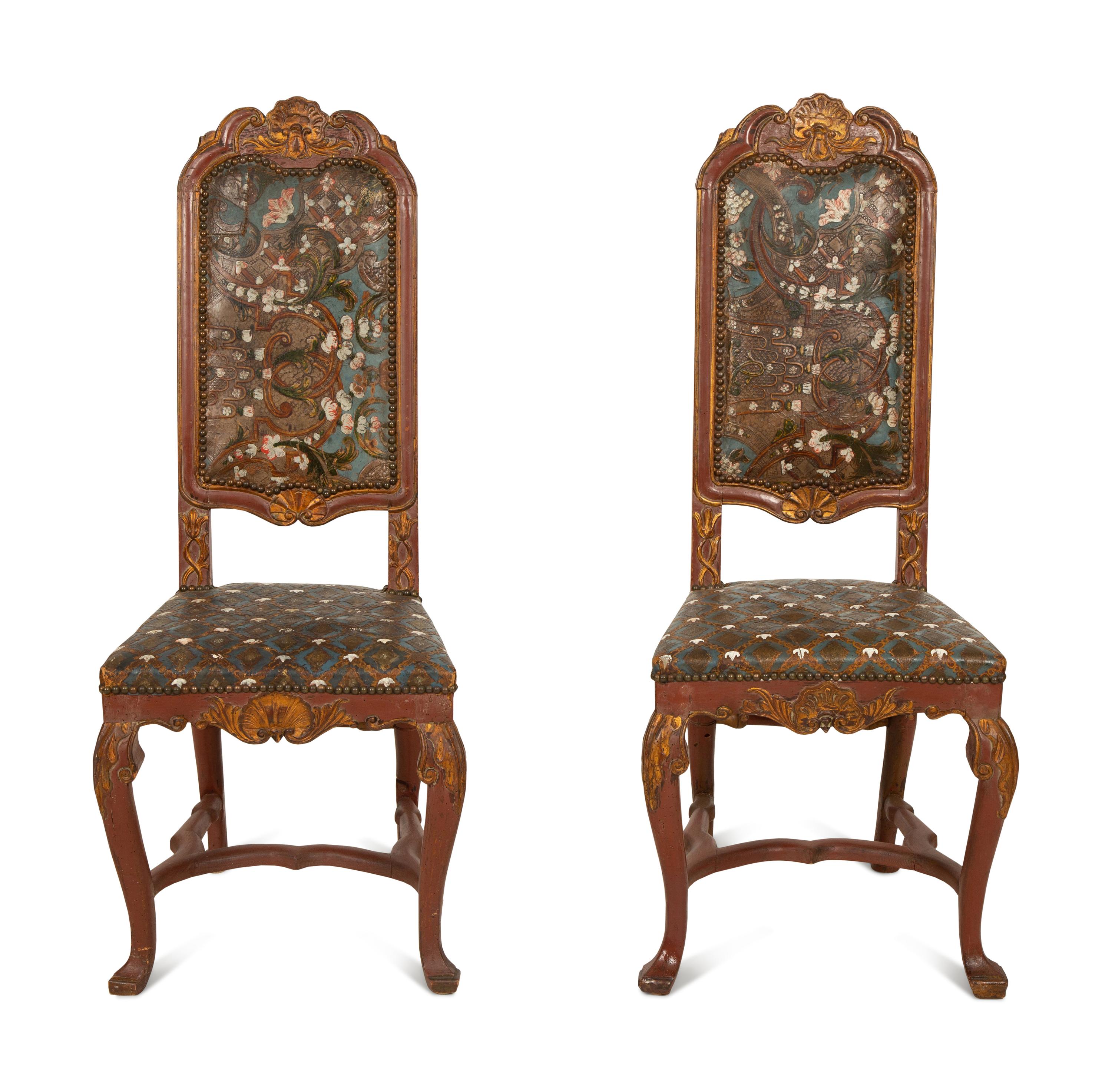 A Pair of Spanish Painted and Parcel Gilt High Back Side Chairs with Painted Leather Upholstery