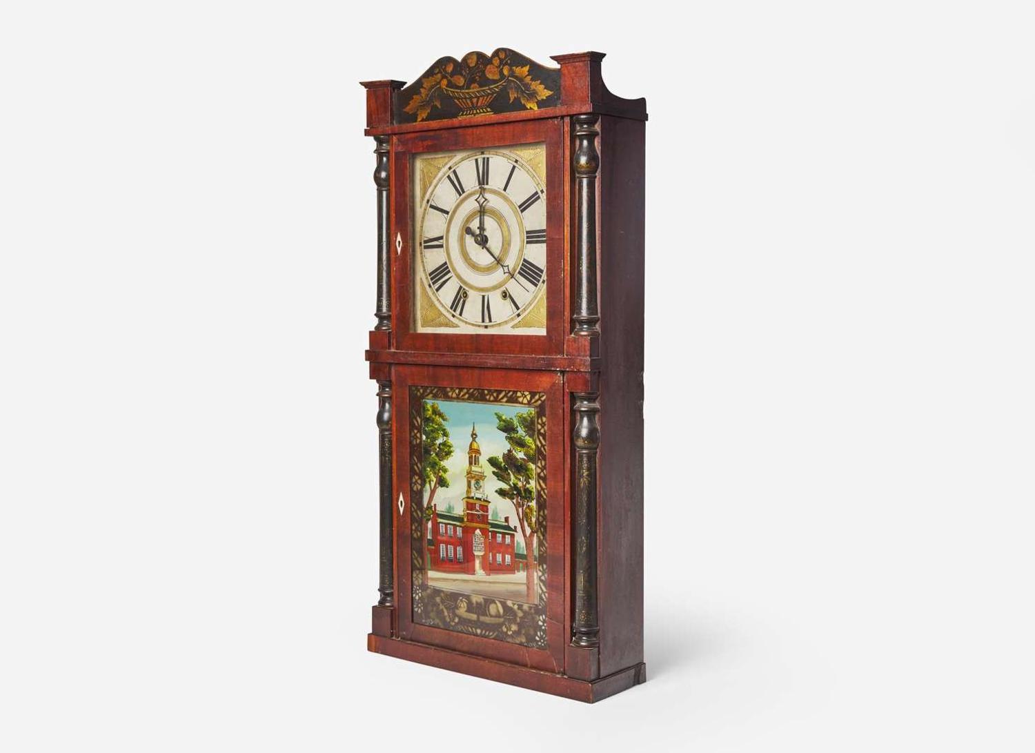 A rare painted, stenciled and mahogany "Independence Hall" mantel clock, bears printed label of Chauncey Boardman & Joseph Wells, Bristol, CT, circa 1830