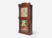 A rare painted, stenciled and mahogany "Independence Hall" mantel clock, bears printed label of Chauncey Boardman & Joseph Wells, Bristol, CT, circa 1830