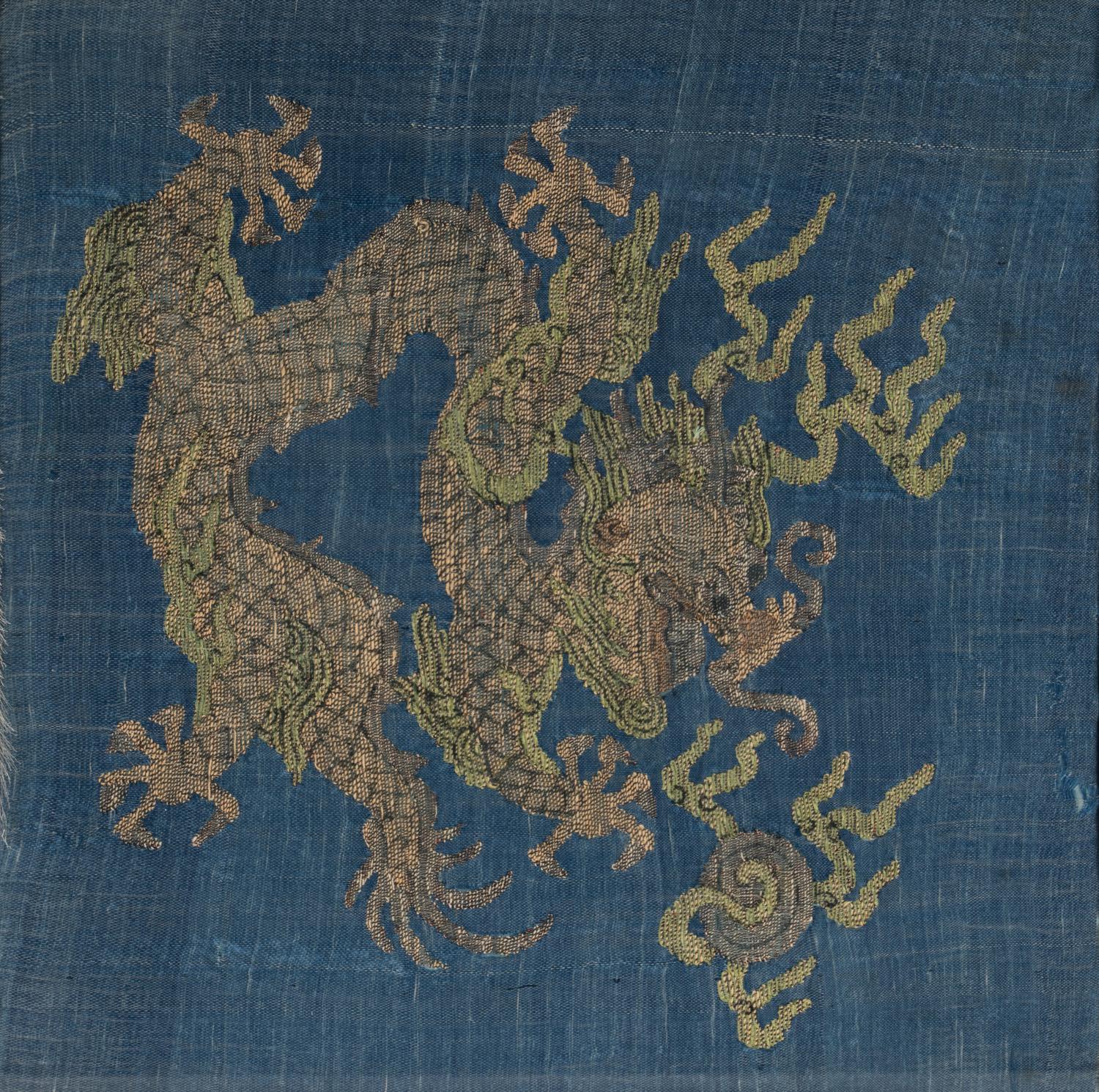 Three Chinese Silk 'Dragon' Panels, 19th-Early 20th Century 晚清-民國 捻金地龍紋綉片一對及藍地龍紋 緙絲一幅
