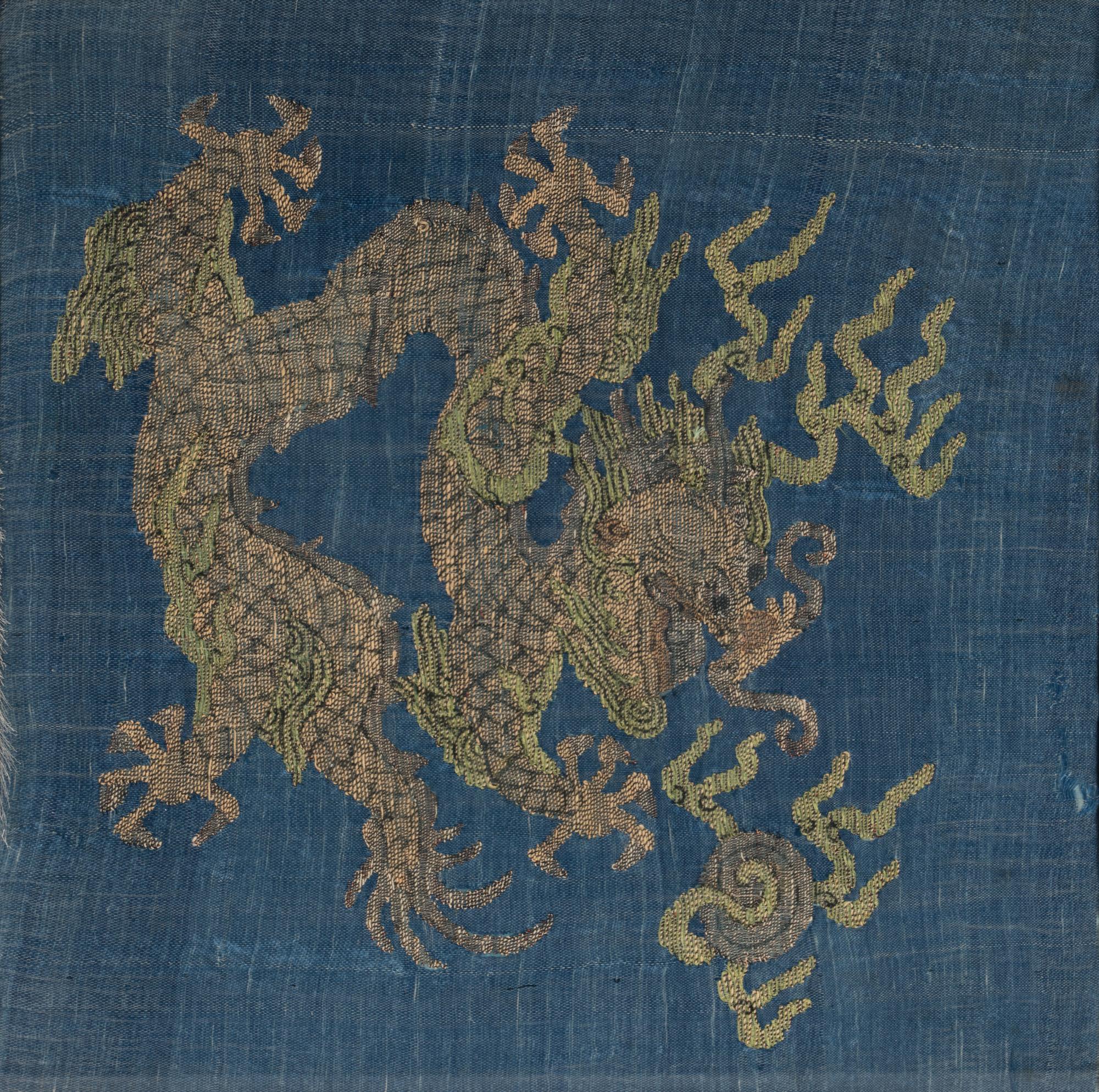 Three Chinese Silk 'Dragon' Panels, 19th-Early 20th Century 晚清-民國 捻金地龍紋綉片一對及藍地龍紋 緙絲一幅