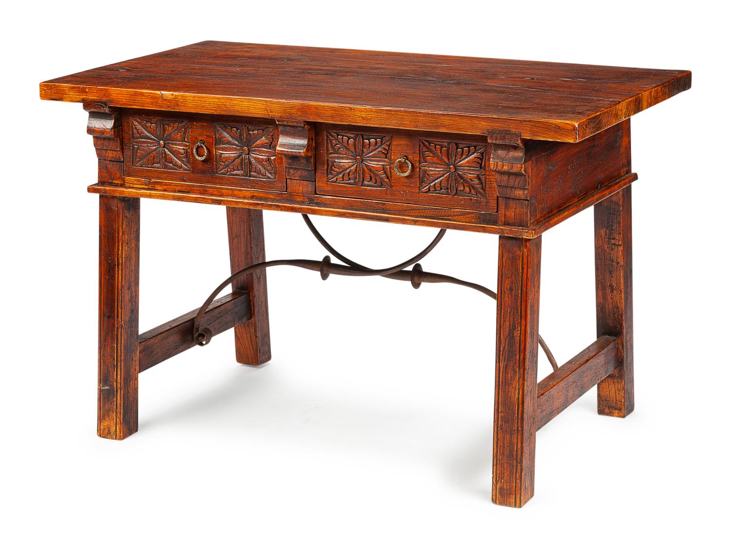 A Spanish Renaissance Revival Wrought Iron Mounted Oak Table