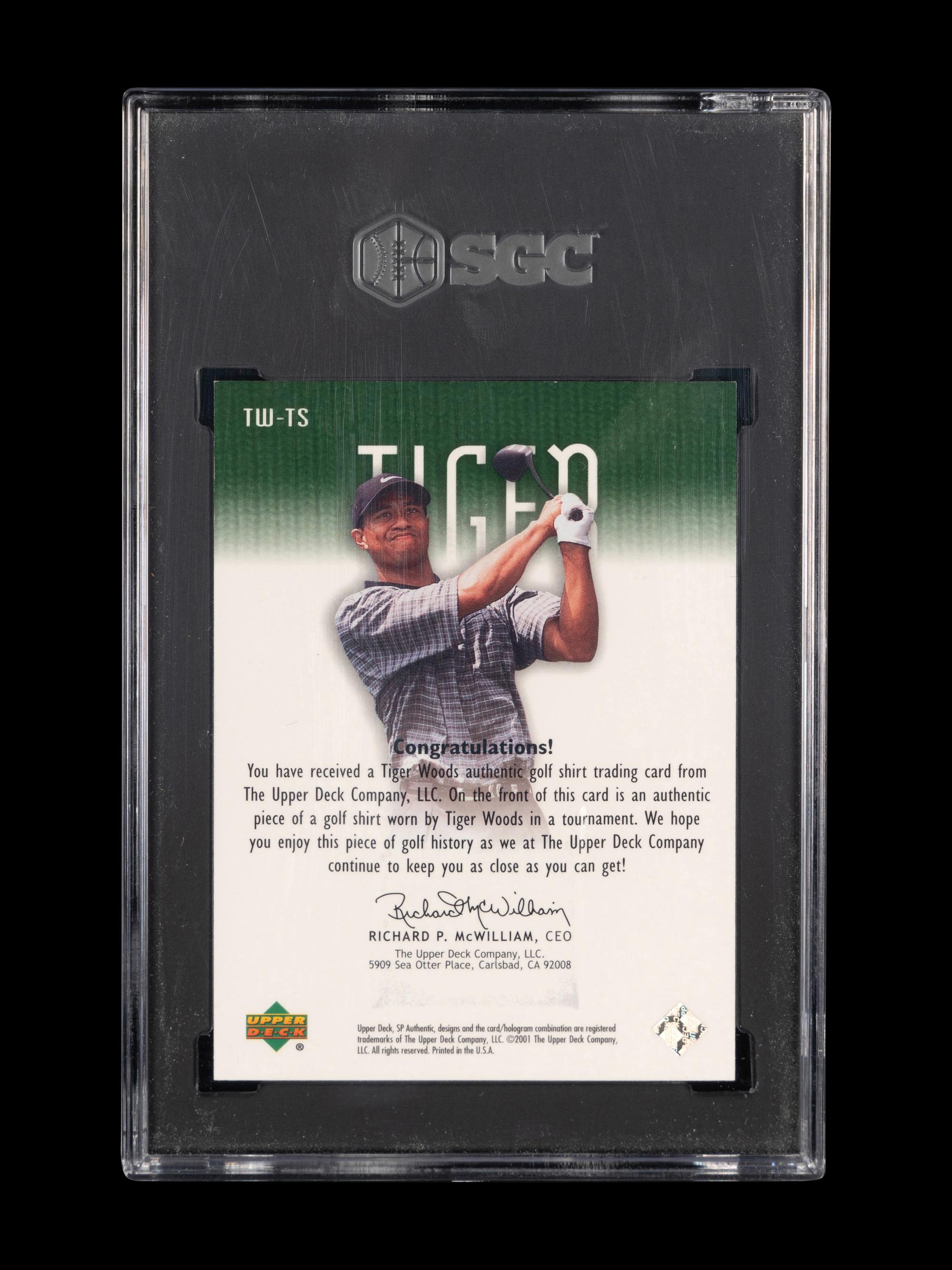 A 2001 Upper Deck SP Authentic Tiger Woods Tour Swatch TW-TS Green 313/500 Rookie Golf Card (SGC 9 MINT)