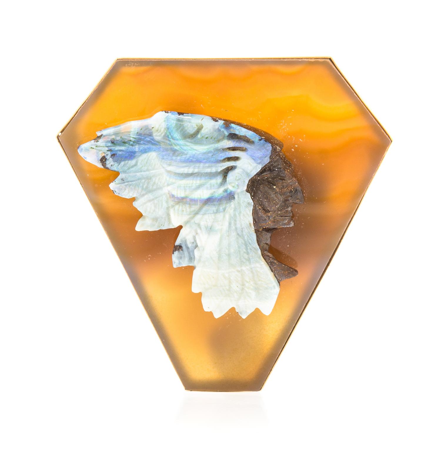 An 18 Karat Yellow Gold, Boulder Opal and Sardonyx Brooch,