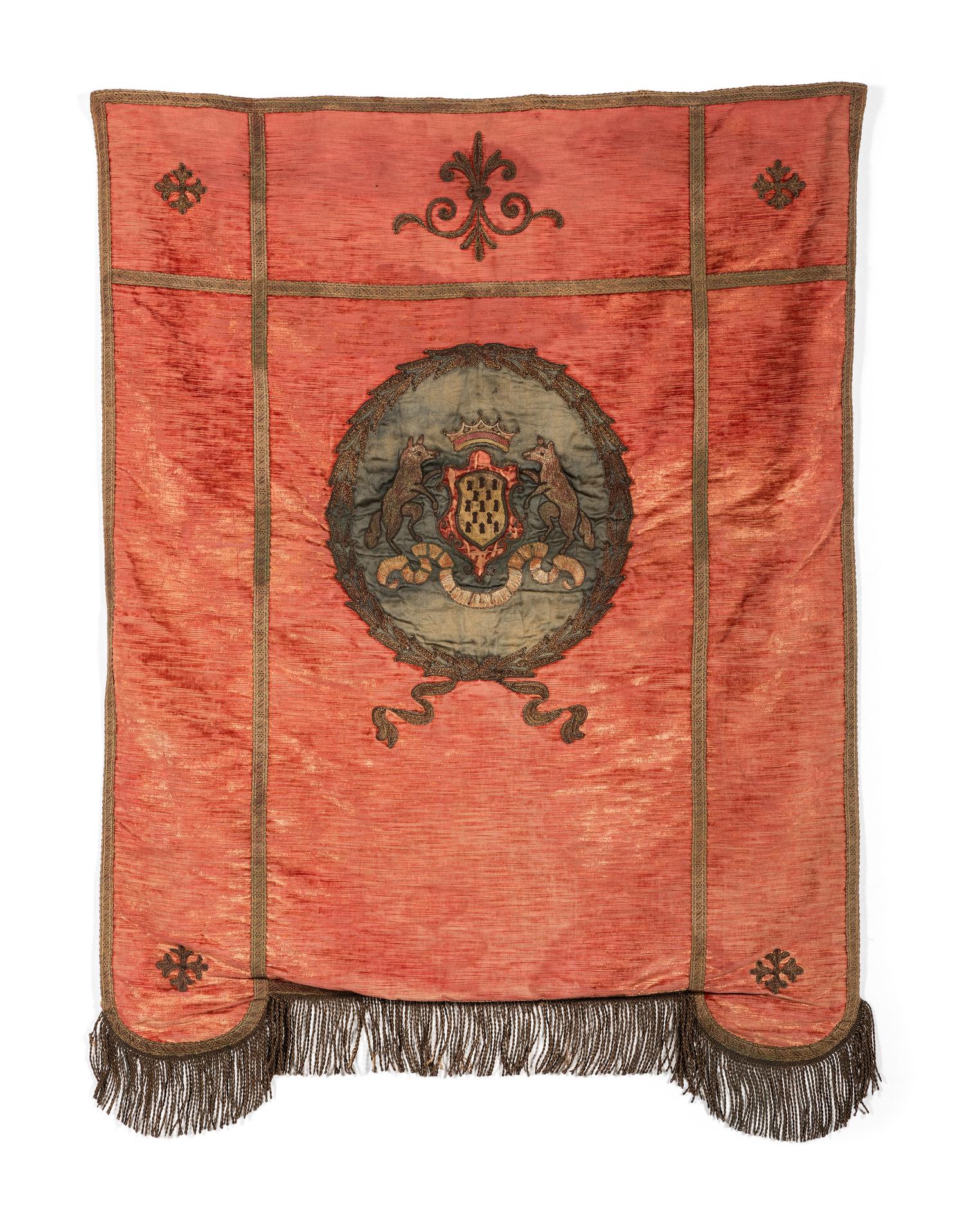 A Velvet and Metallic Thread Embroidered Armorial Panel