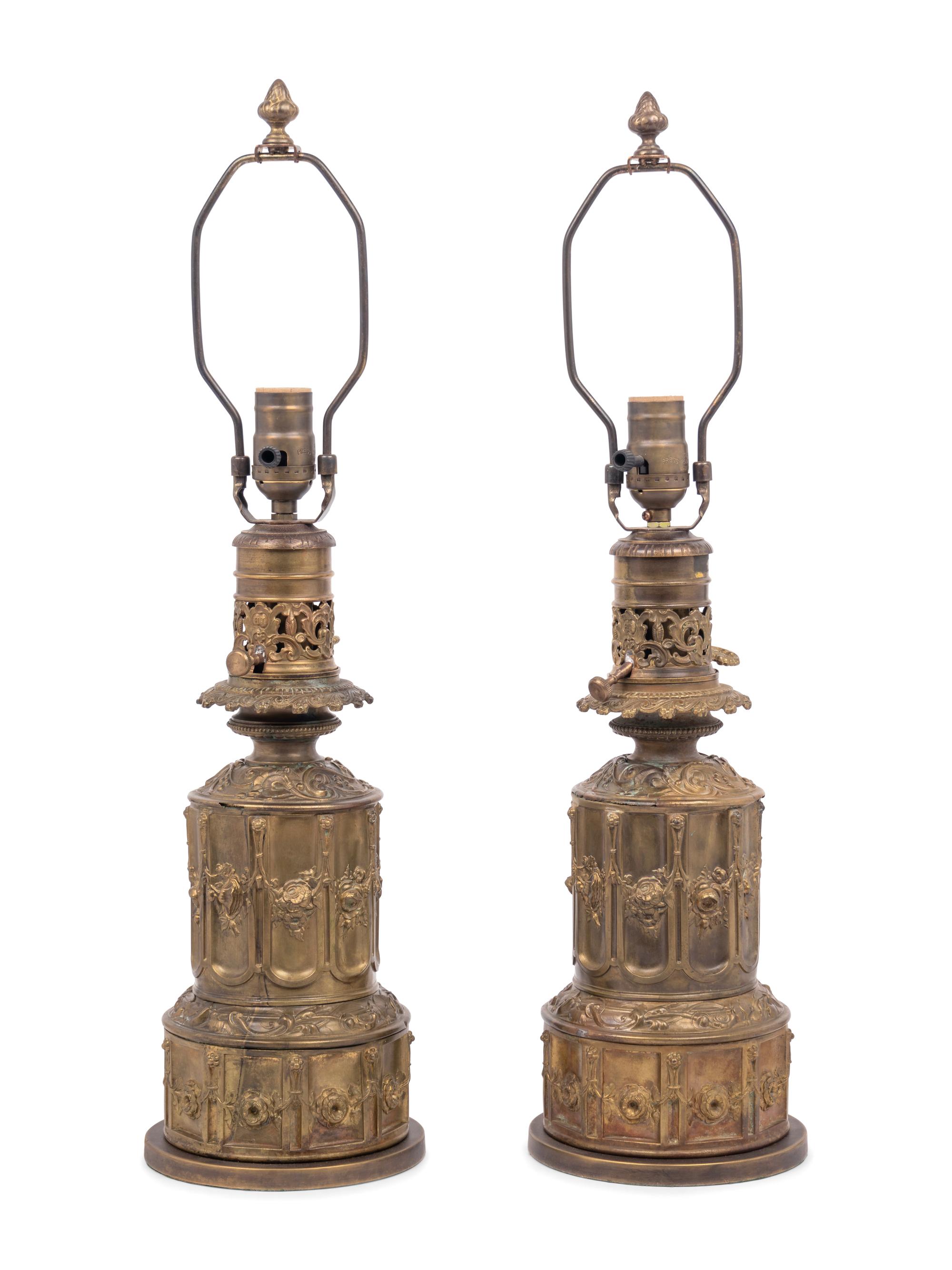 A Pair of French Gilt Metal Fluid Lamps Converted to Electricity