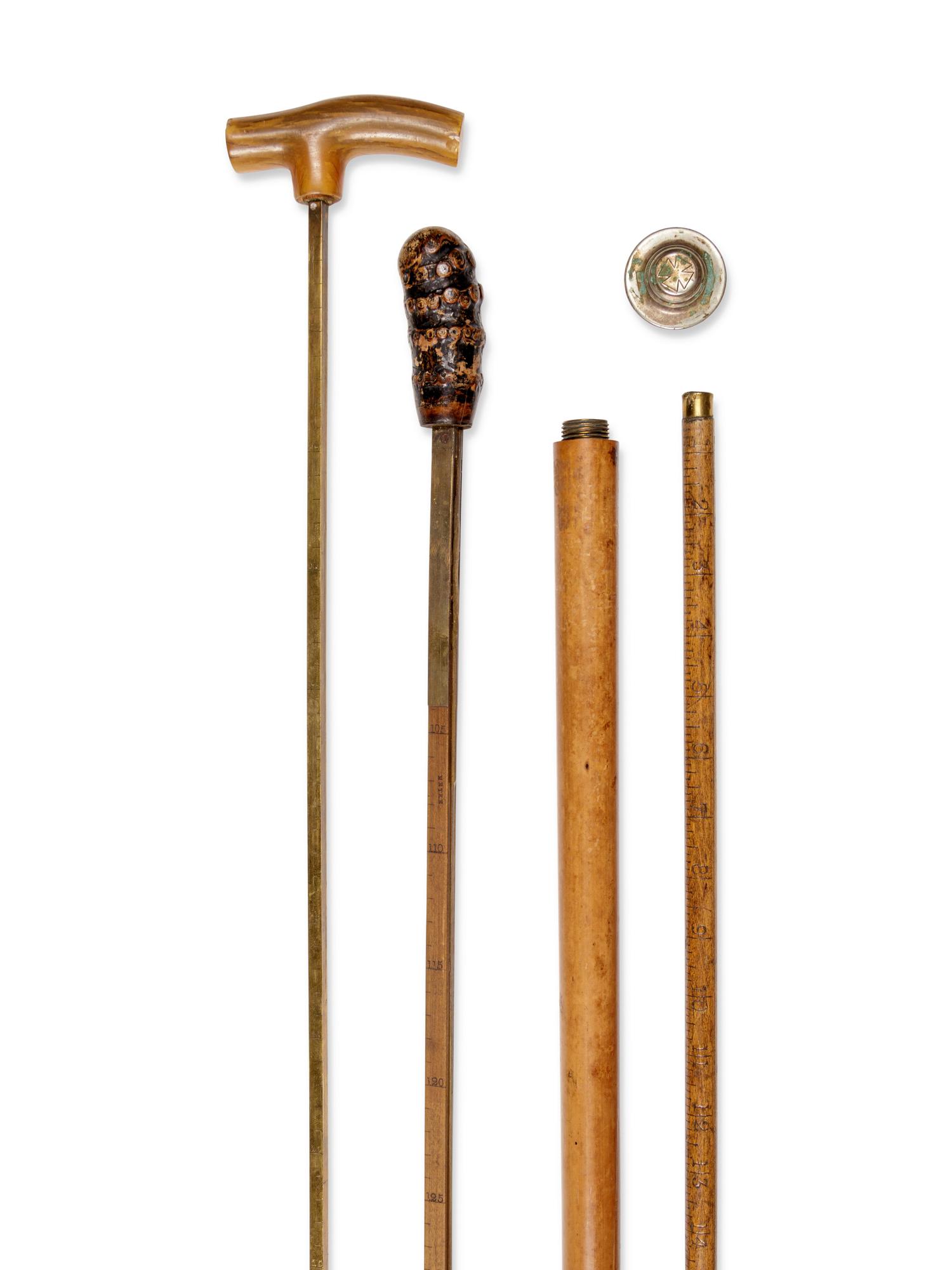 Three English Silvered Metal Mounted Measuring System Walking Sticks